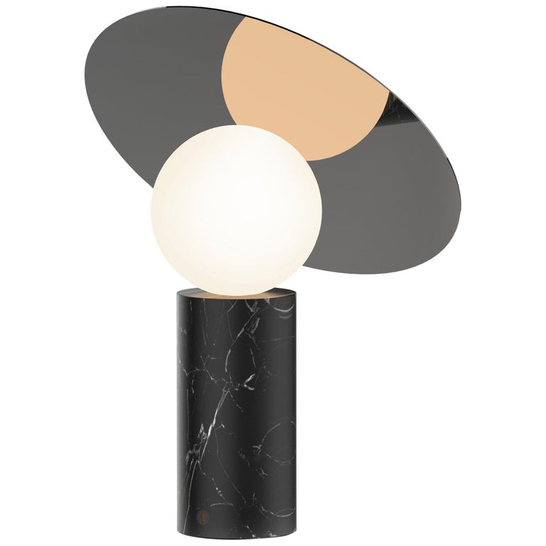 Bola Disc Table Lamp in Marquina Marble and Gunmetal by Pablo Designs For Sale