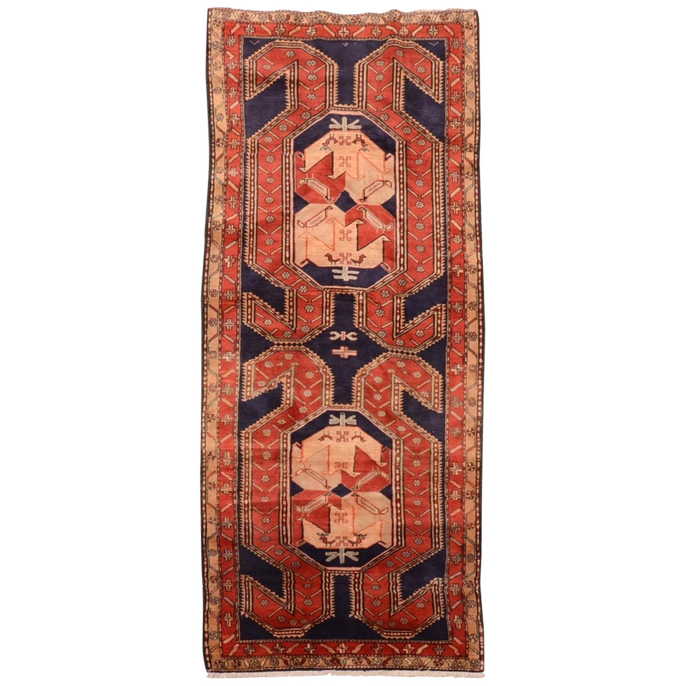 Antique Hand Knotted Persian Heriz-Serapi Geometric Long Rug For Sale