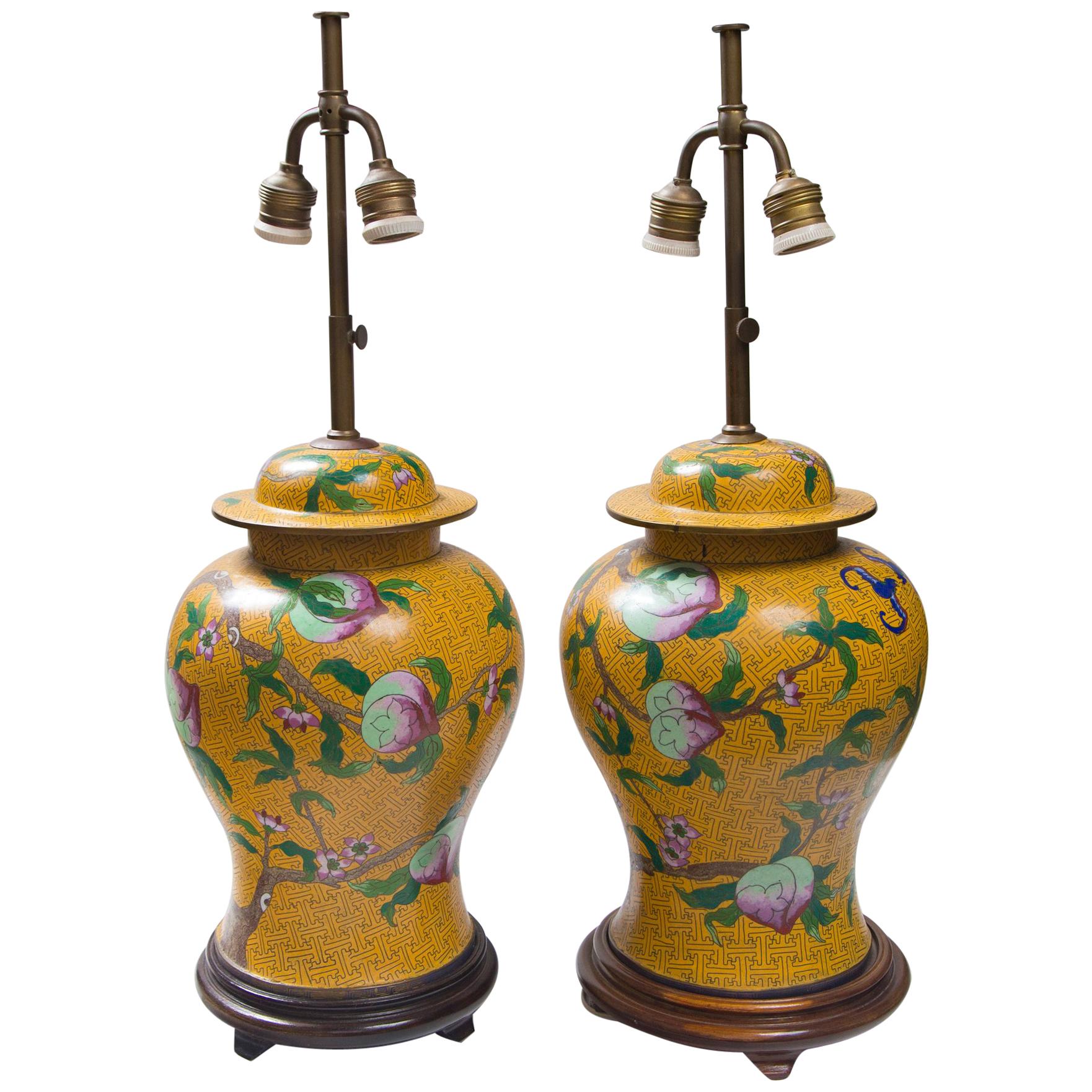 Pair of Chinese Yellow Ground Cloisonne Lamps