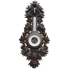 Antique Hand Carved Black Forest Barometer, Flowers ans Nesting Birds Sculptures