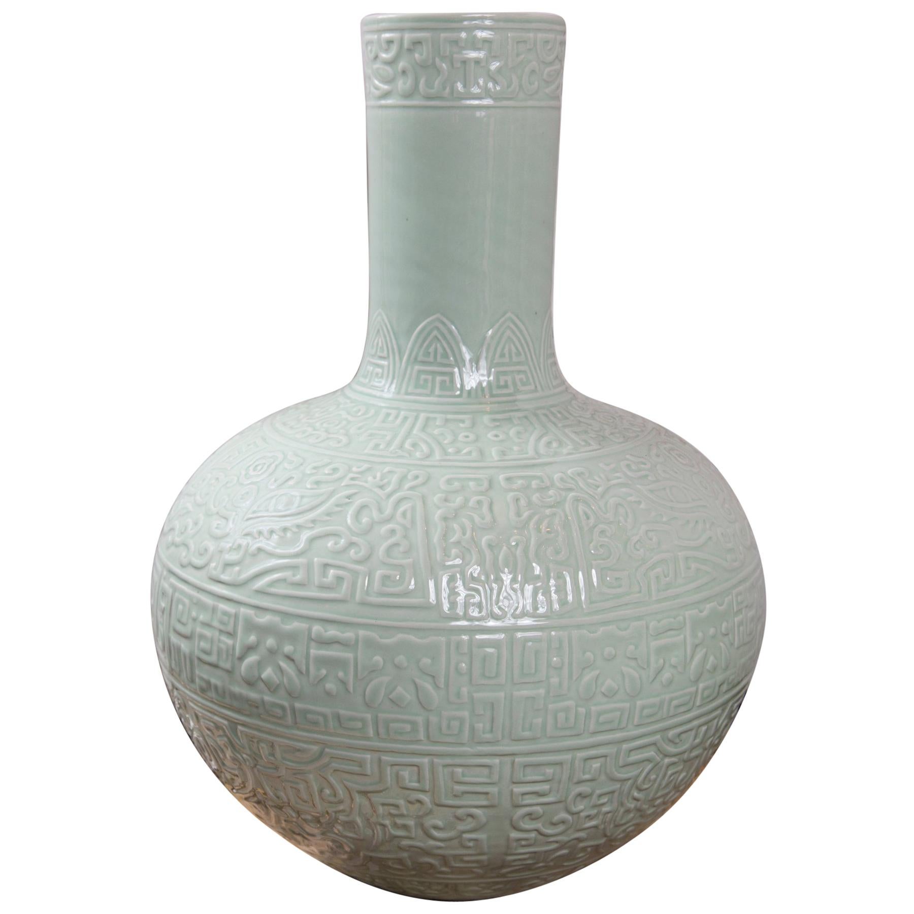Large Celadon Bottle Neck Chinese Porcelain Vase For Sale