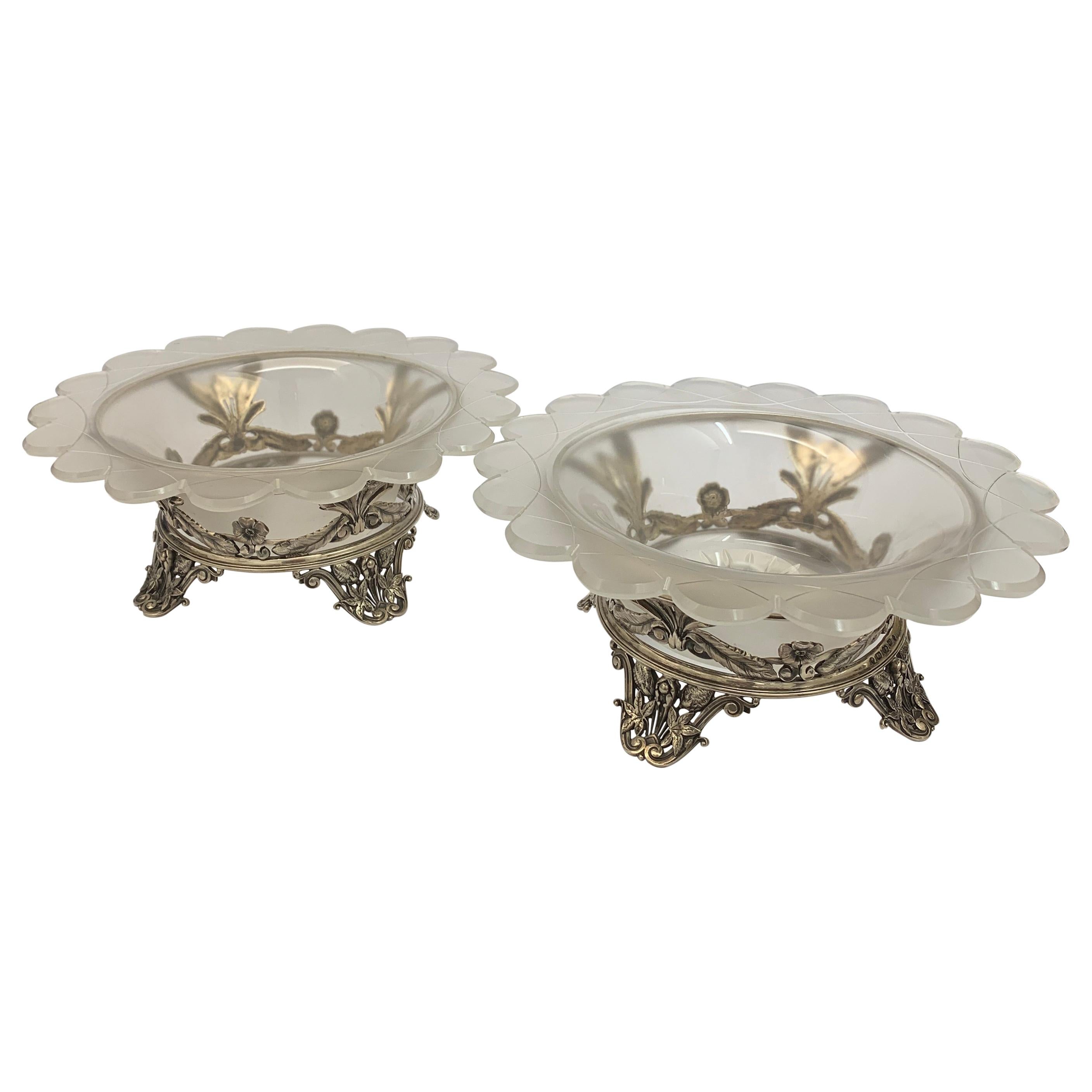 Pair of Antique Silver and Frosted Glass Decorative Compotes, 19th Century For Sale