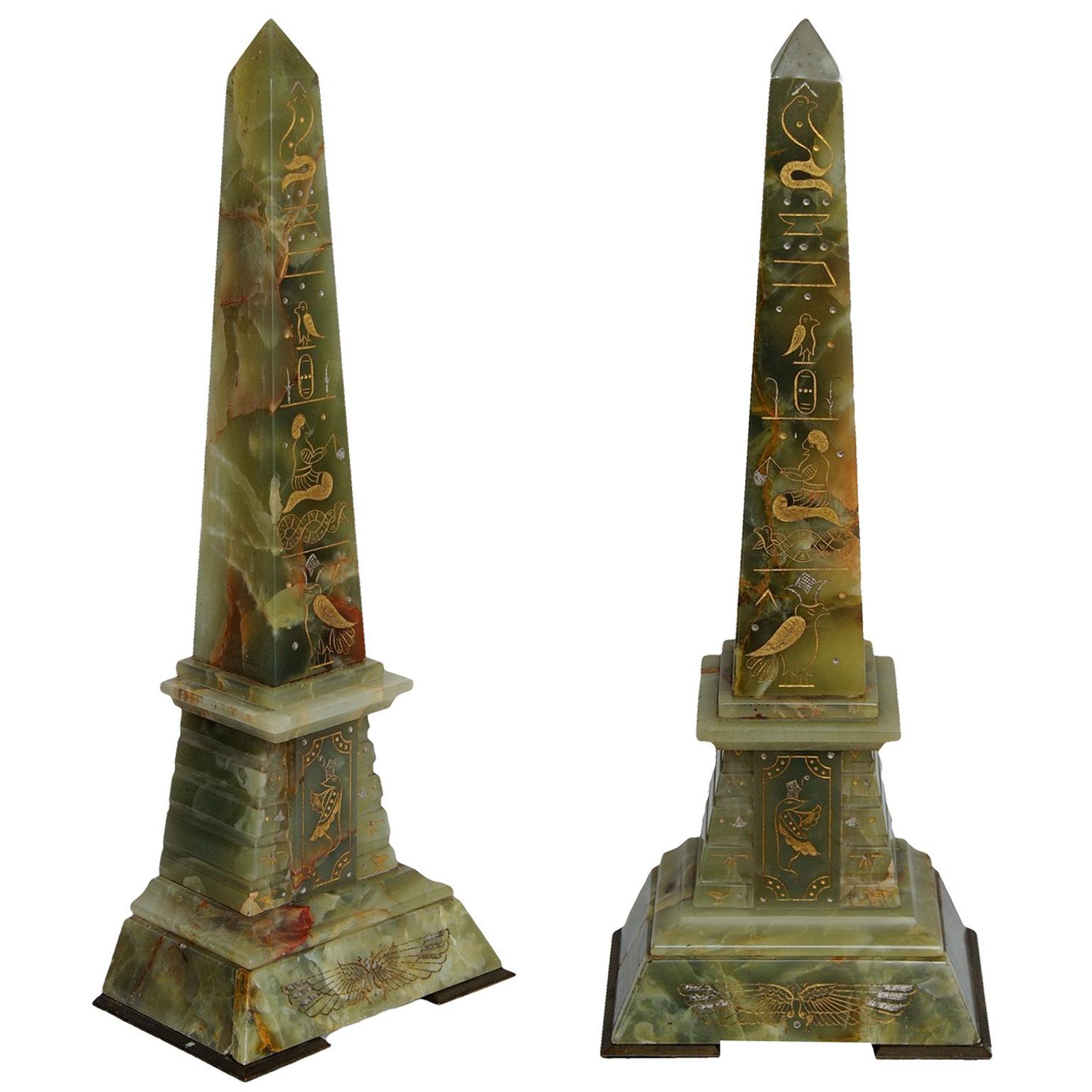 Pair of 2nd Empire Napoleonic Style Green Onyx Obelisks, circa 1860 For Sale