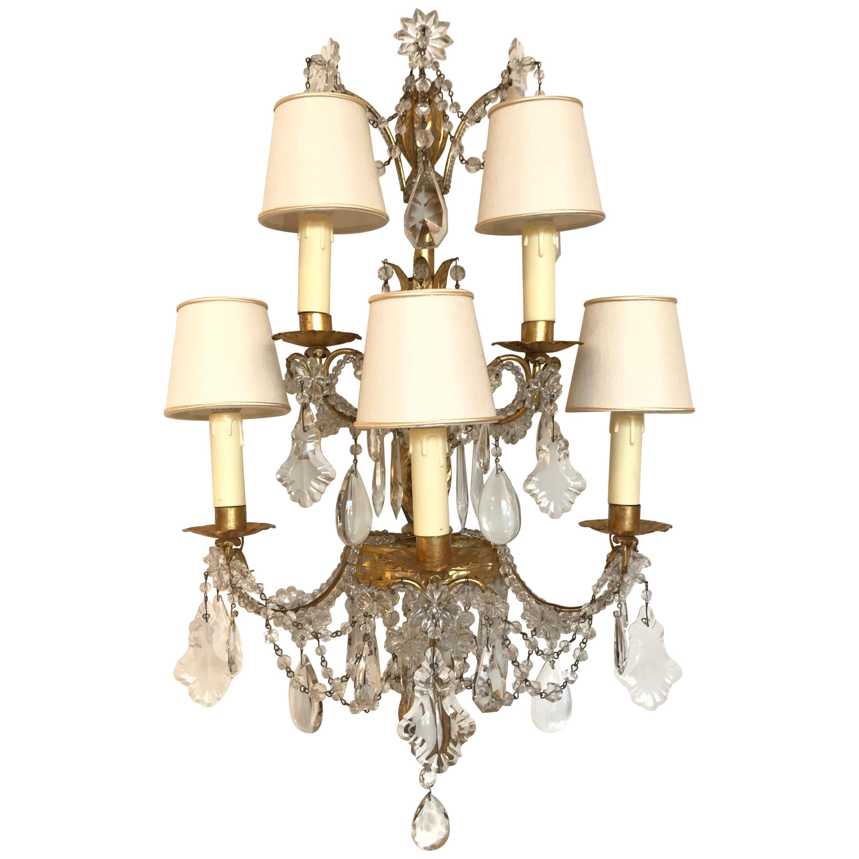 Pair of Handcut Crystal and Gilded Metal Five-Light Wall Scones Lights For Sale