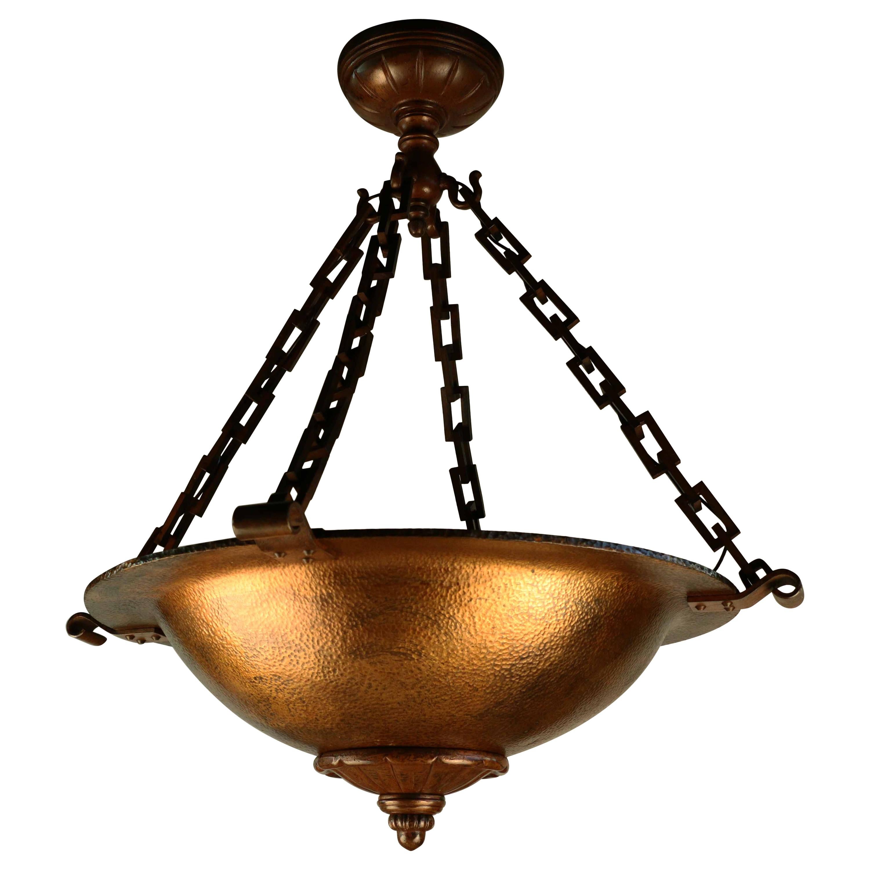 American  Neo-Classical Bronze Hemispherical Martele Ceiling Fixture For Sale