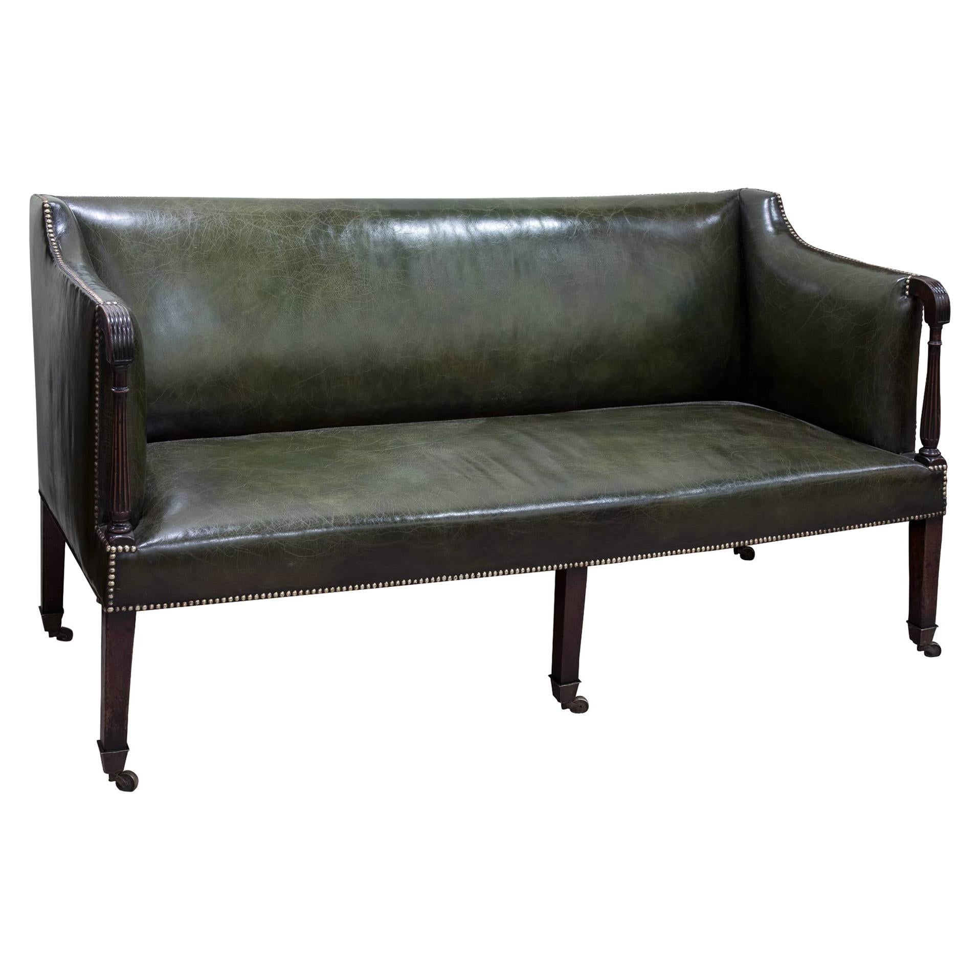George III Dark Green Leather Sofa with Brass Castors, circa 1800 For Sale