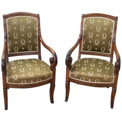 19th Century French Empire Walnut Pair of Armchairs with Volute Arms