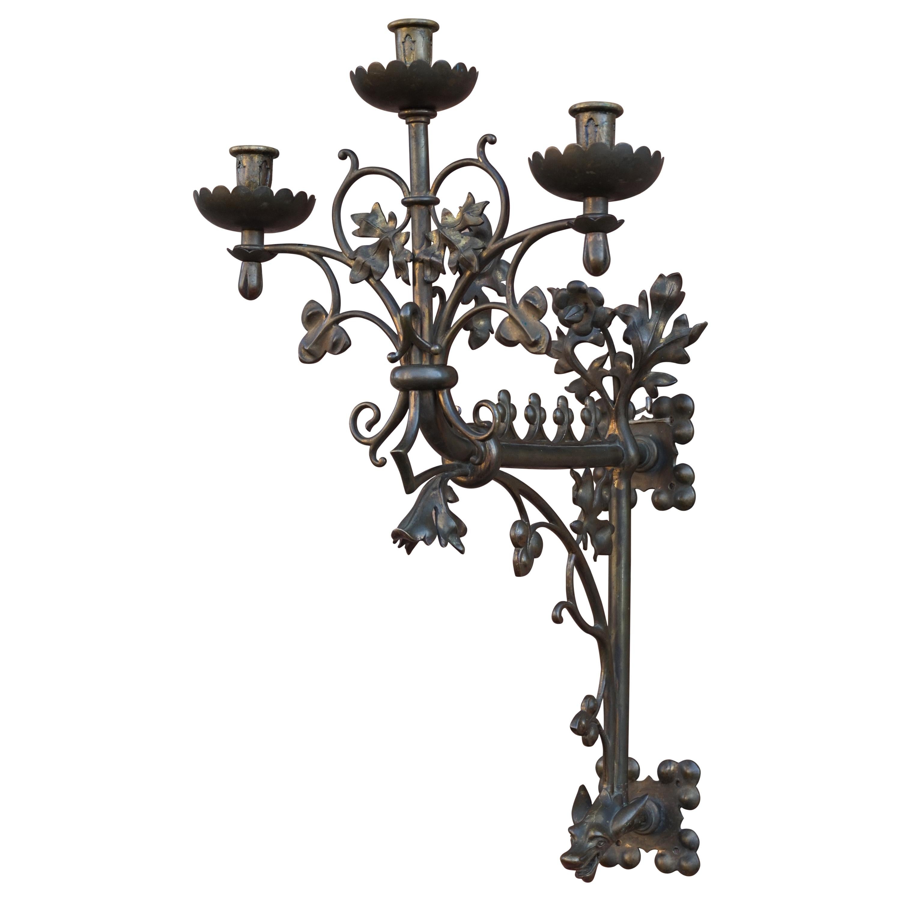 Large Gothic Revival Bronze & Brass Wall Candelabra/Candle Sconce with Gargoyle
