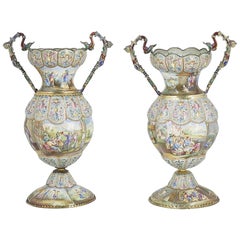 Exceptional Pair of Large Silver Mounted Viennese Enamel Vases by Rudolf Linke