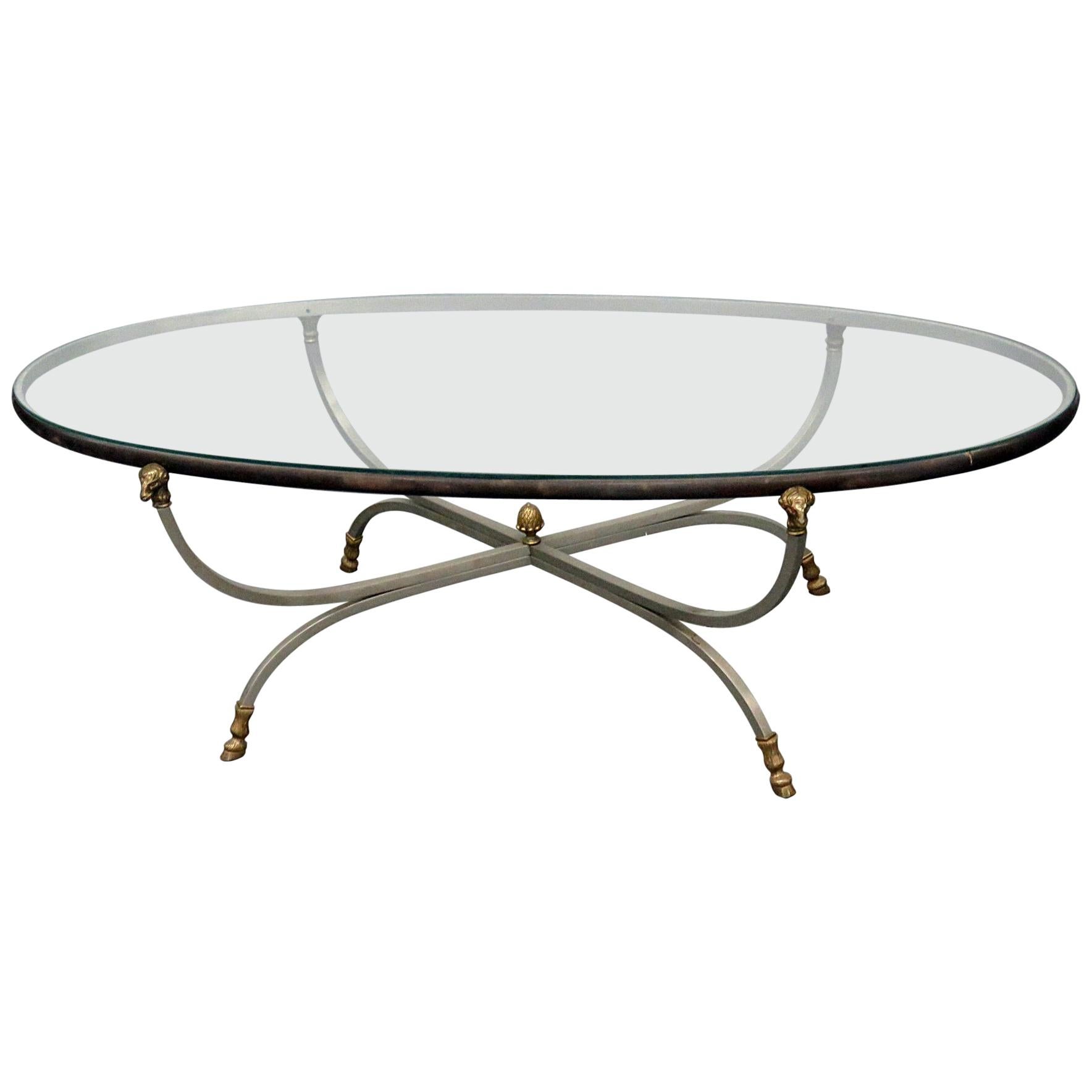 Maison Jansen Rams Head Brass and Steel Style Glass Top Coffee Table
