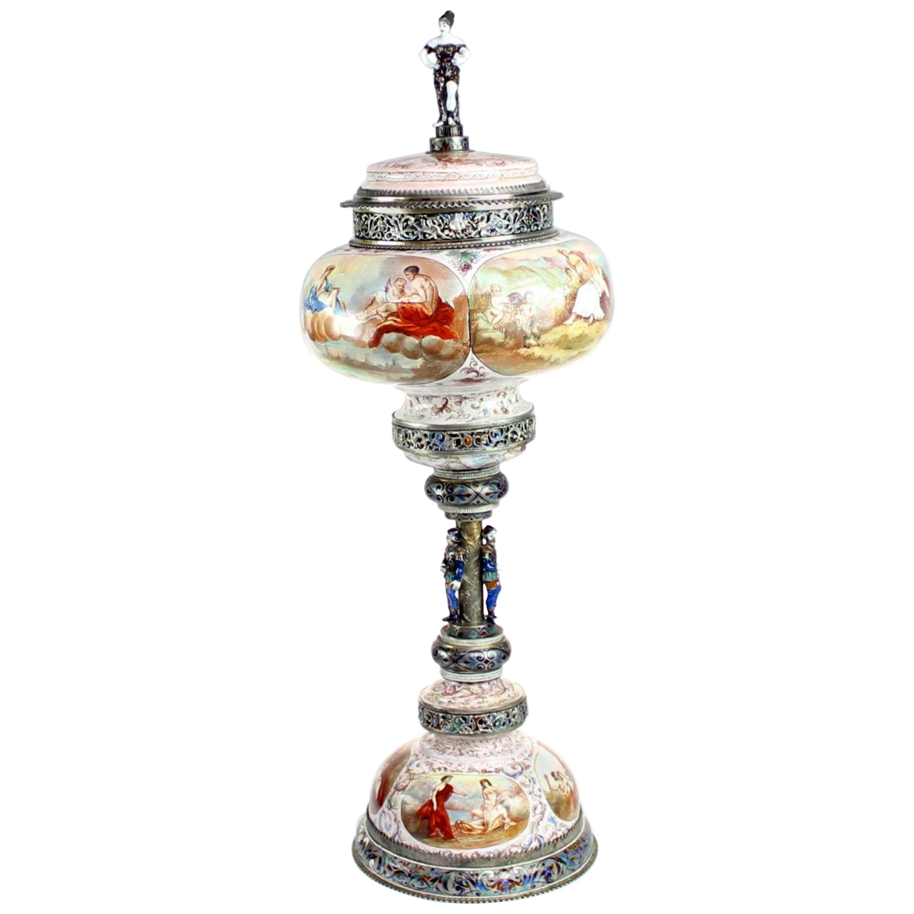Magnificent Large Silver and Viennese Enamel Cup and Cover by Hermann Bohm, 1880