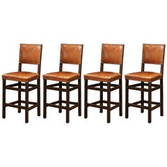 Antique 19th Century French Carved Oak Bar Stools Set with Back and Original Leather