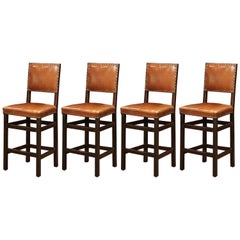 19th Century French Carved Oak Bar Stools Set with Back and Original Leather