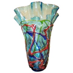 Vase en cristal des années 70, soufflé rouge, bleu, vert, Murano, Italie Crystal