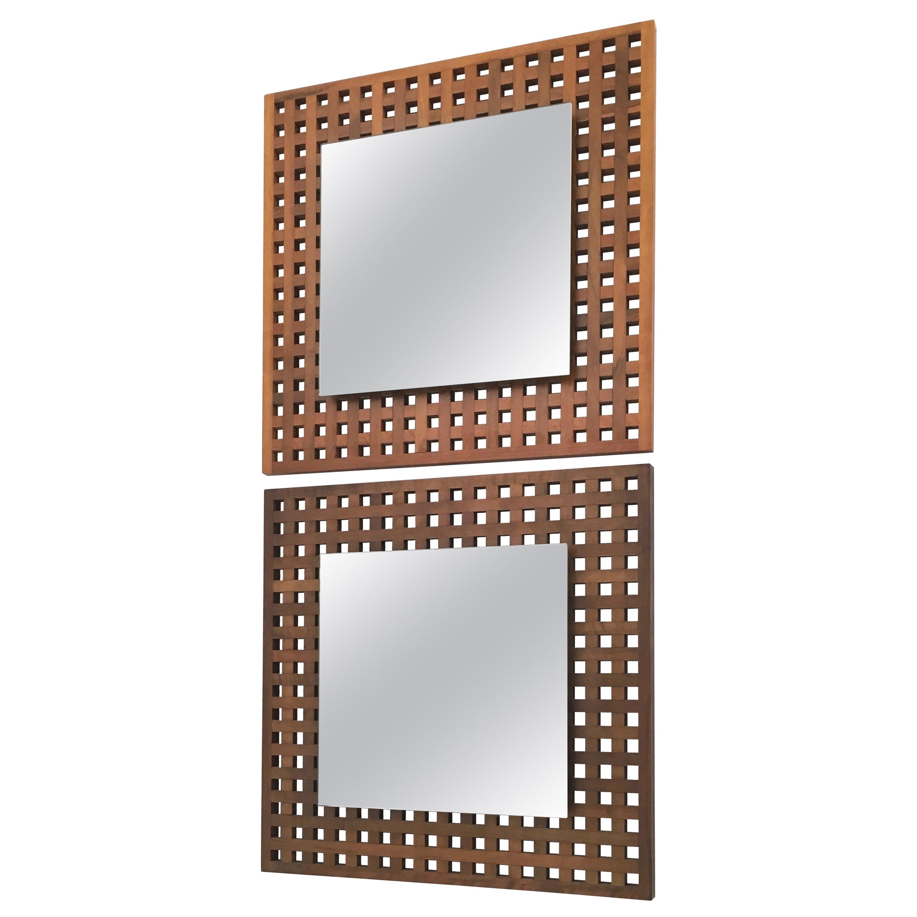 Vintage Pair of Square Walnut Mirrors Produced by Sant'Ambrogio e Deberti, Italy