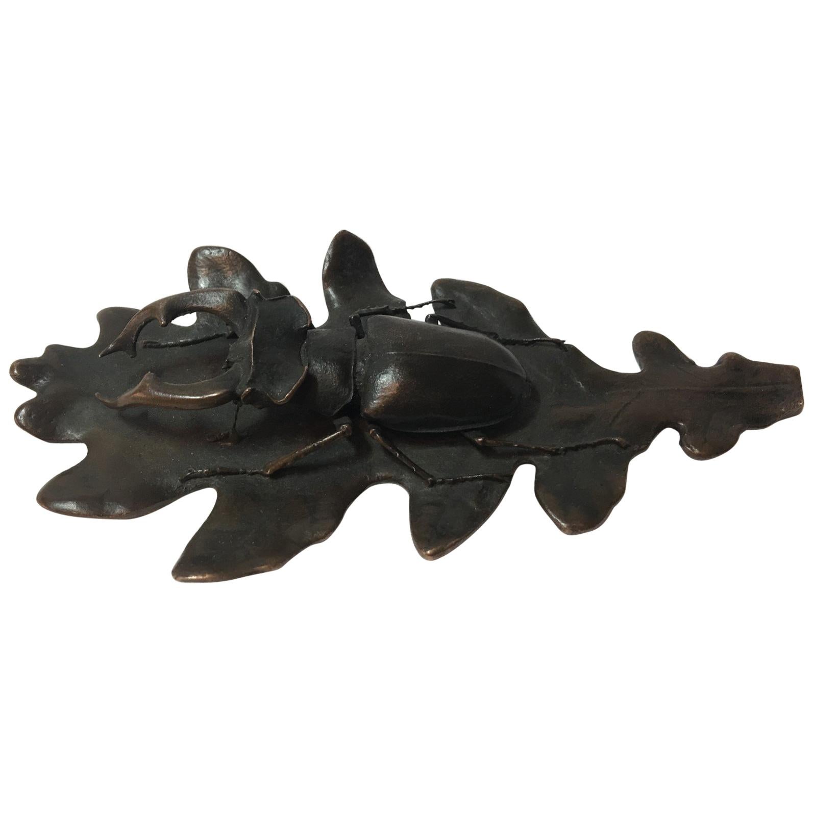 Solid Bronze Paperweight Stag Beetle on Oak Leaf Desk Deco ca.1900 For Sale