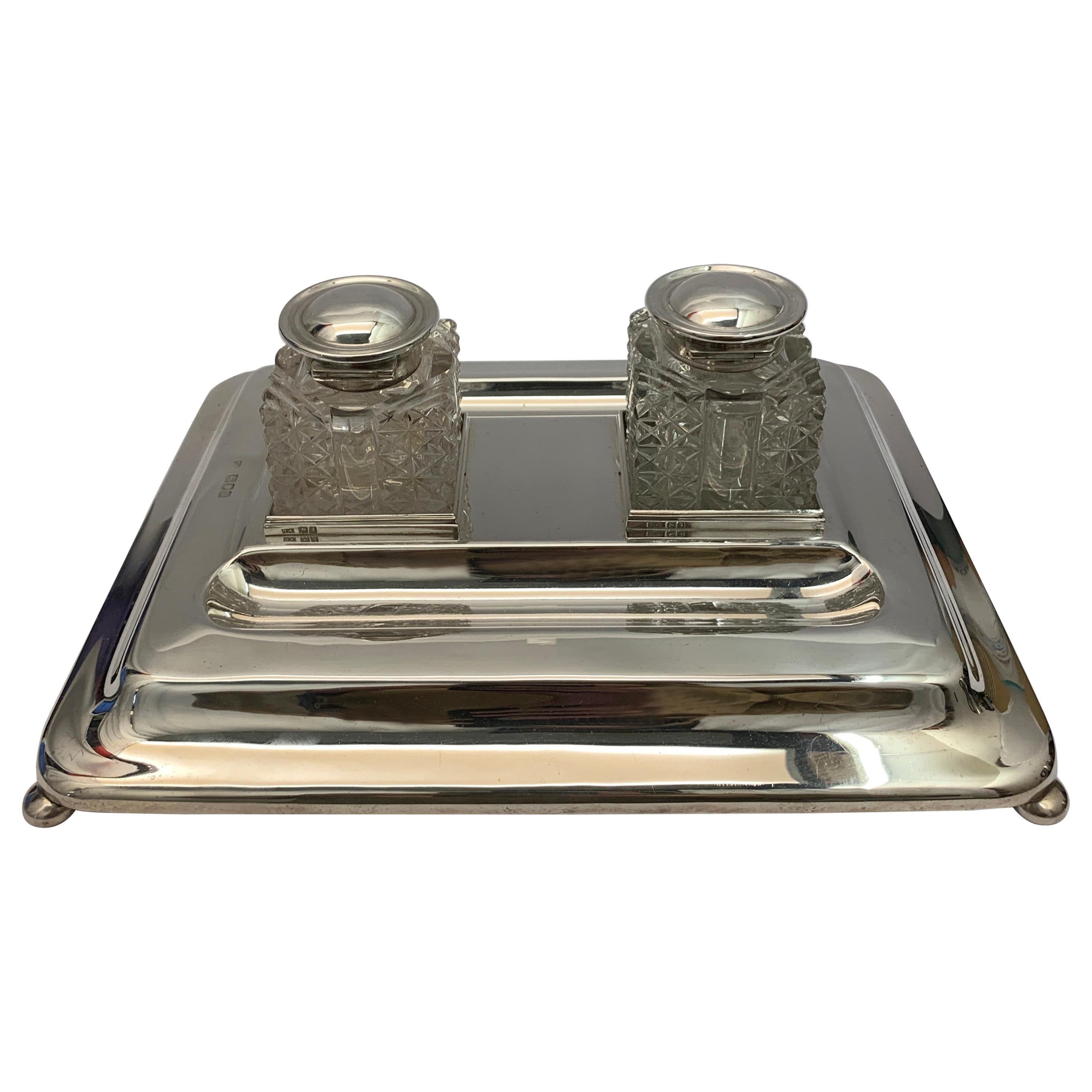 Double Glass Ink Stand on Silver Base by Mappin and Webb, London, 1917 For Sale