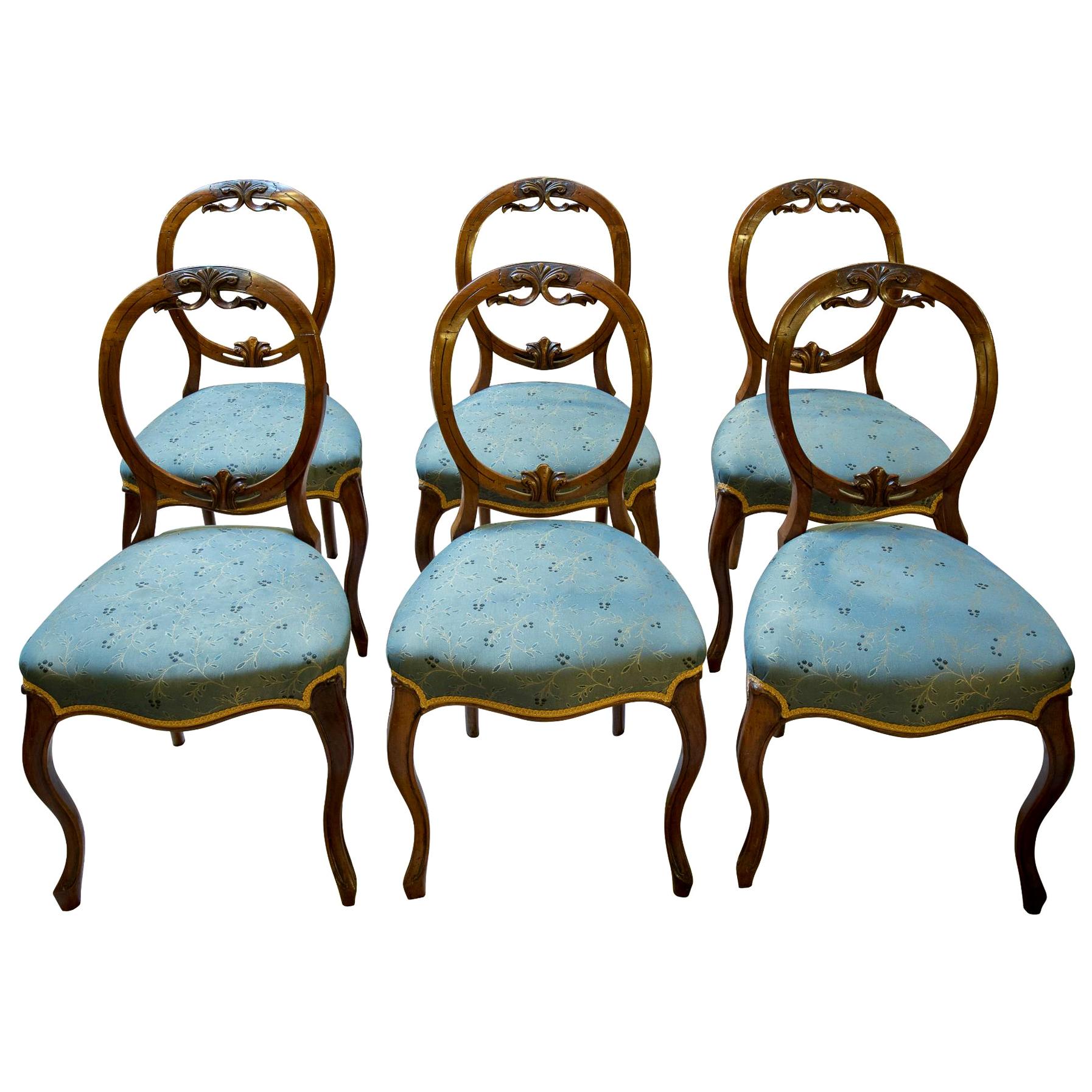 Set of 6 Victorian Walnut Ballooon Back Dining Chairs, circa 1870
