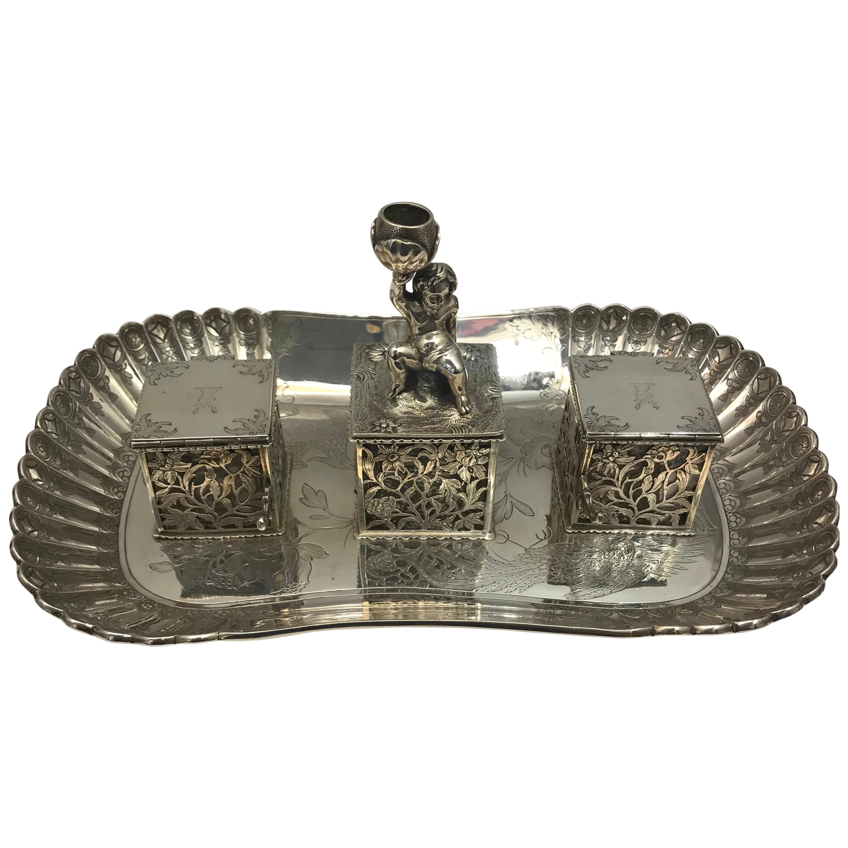 Decorative Silver Inkwell London, 1856 For Sale