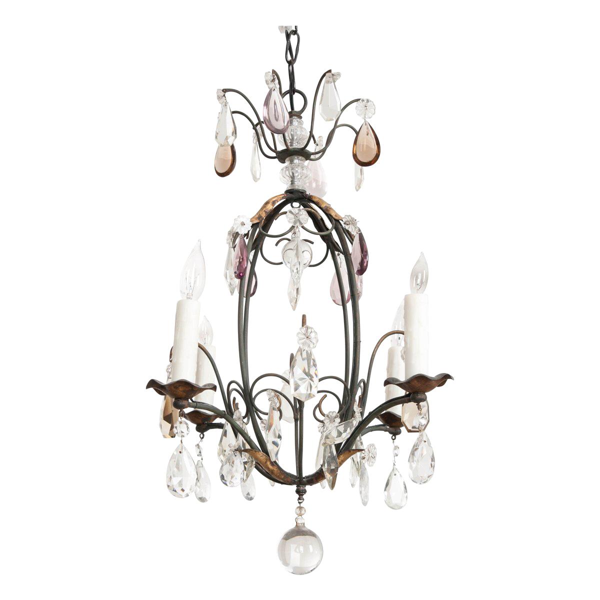 Petite French Cut-Crystal and Wrought Iron Four-Light Chandelier