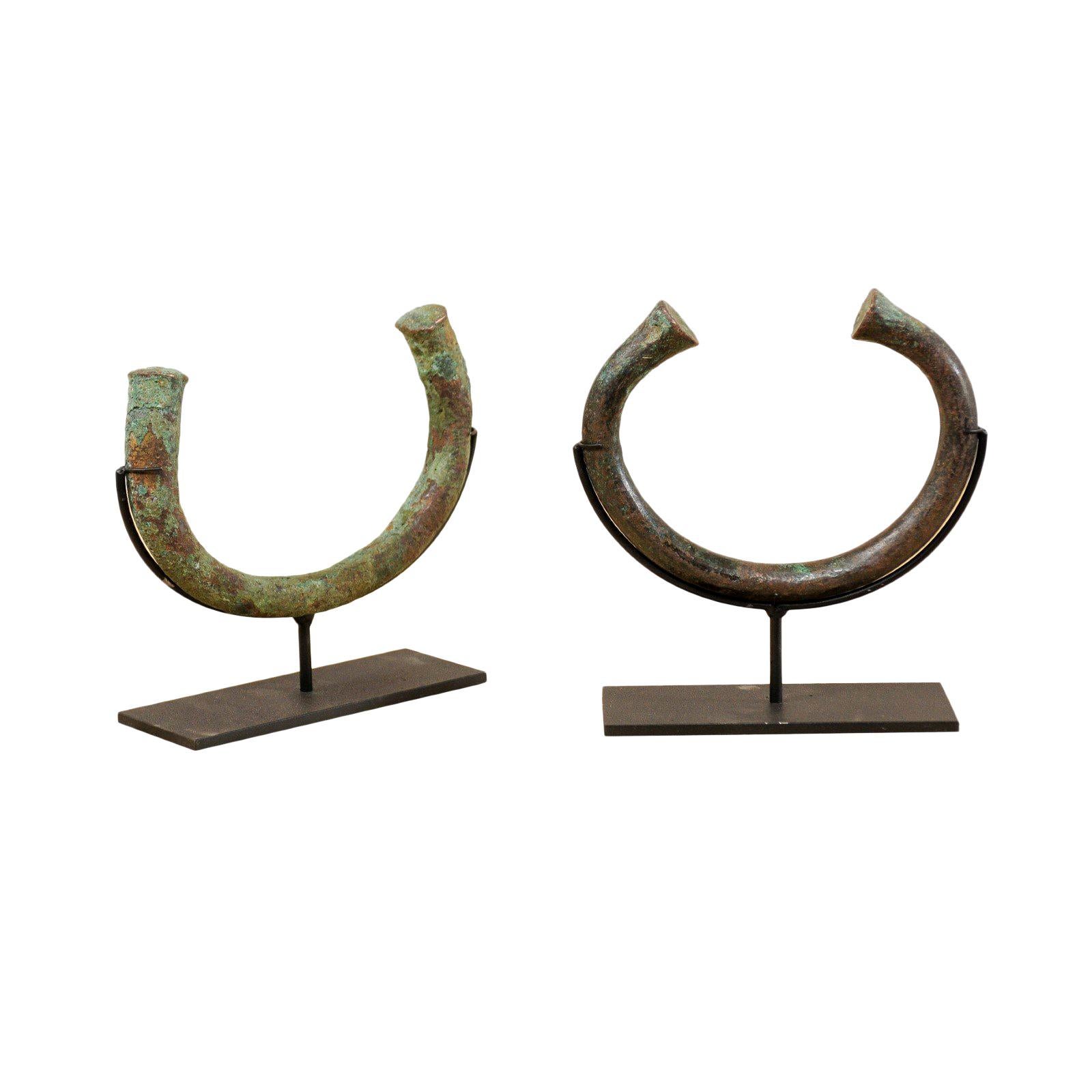 Pair of Igbo Tribe West African Manilla Currencies on Custom Stands