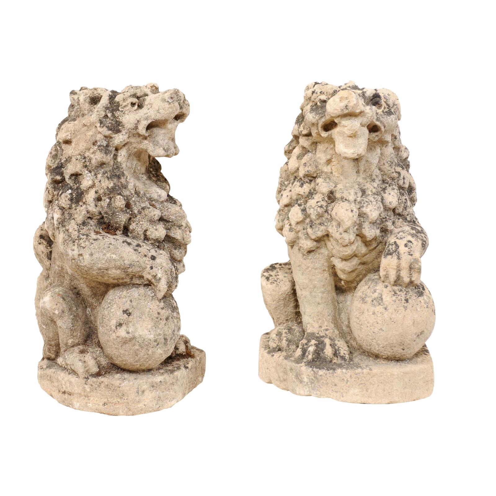 Pair of 19th Century English Lions of Carved Limestone
