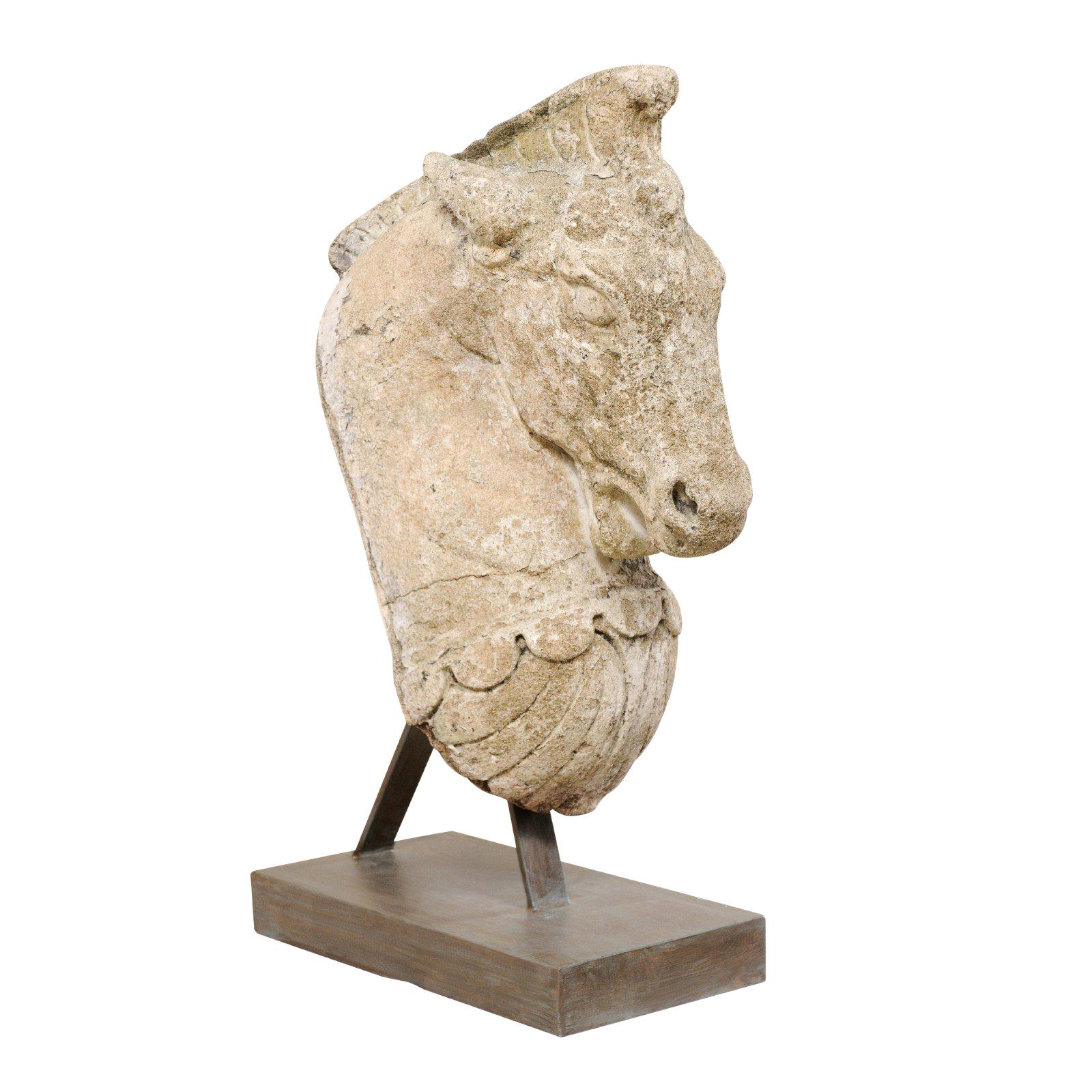 19th Century European Cast Stone Horse Head on Stand