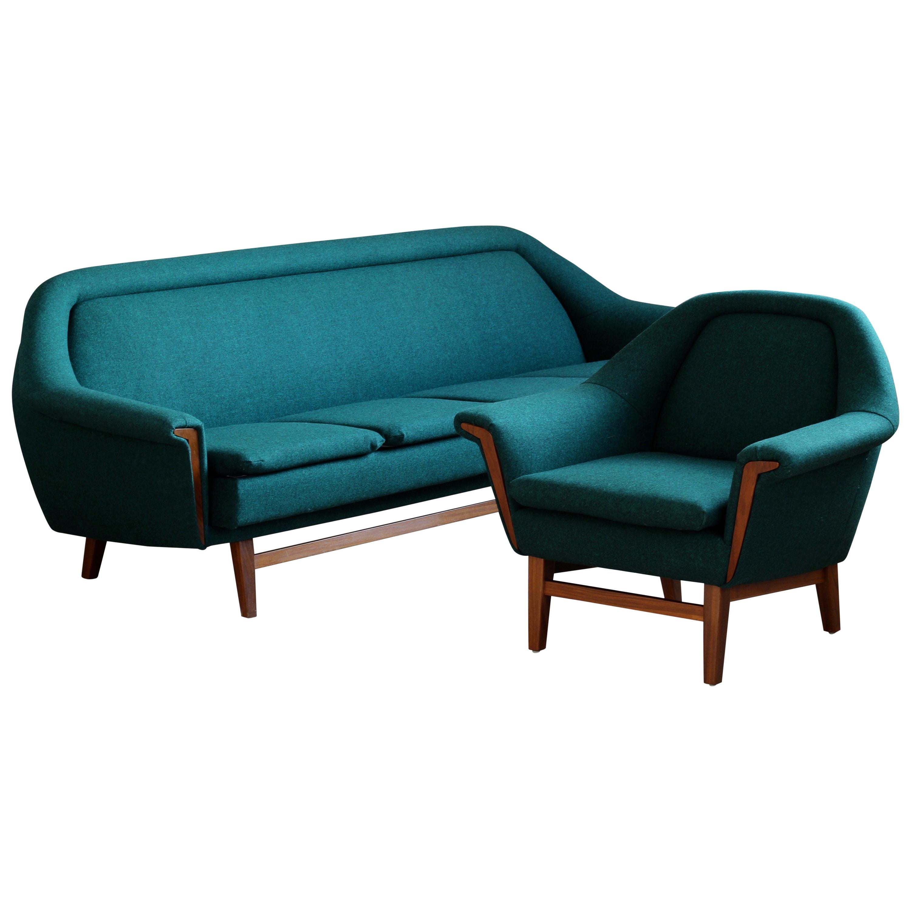 Sofa Set by Holm Fabriker in Emerald Green Kvadrat Fabric, Mid-Century Modern