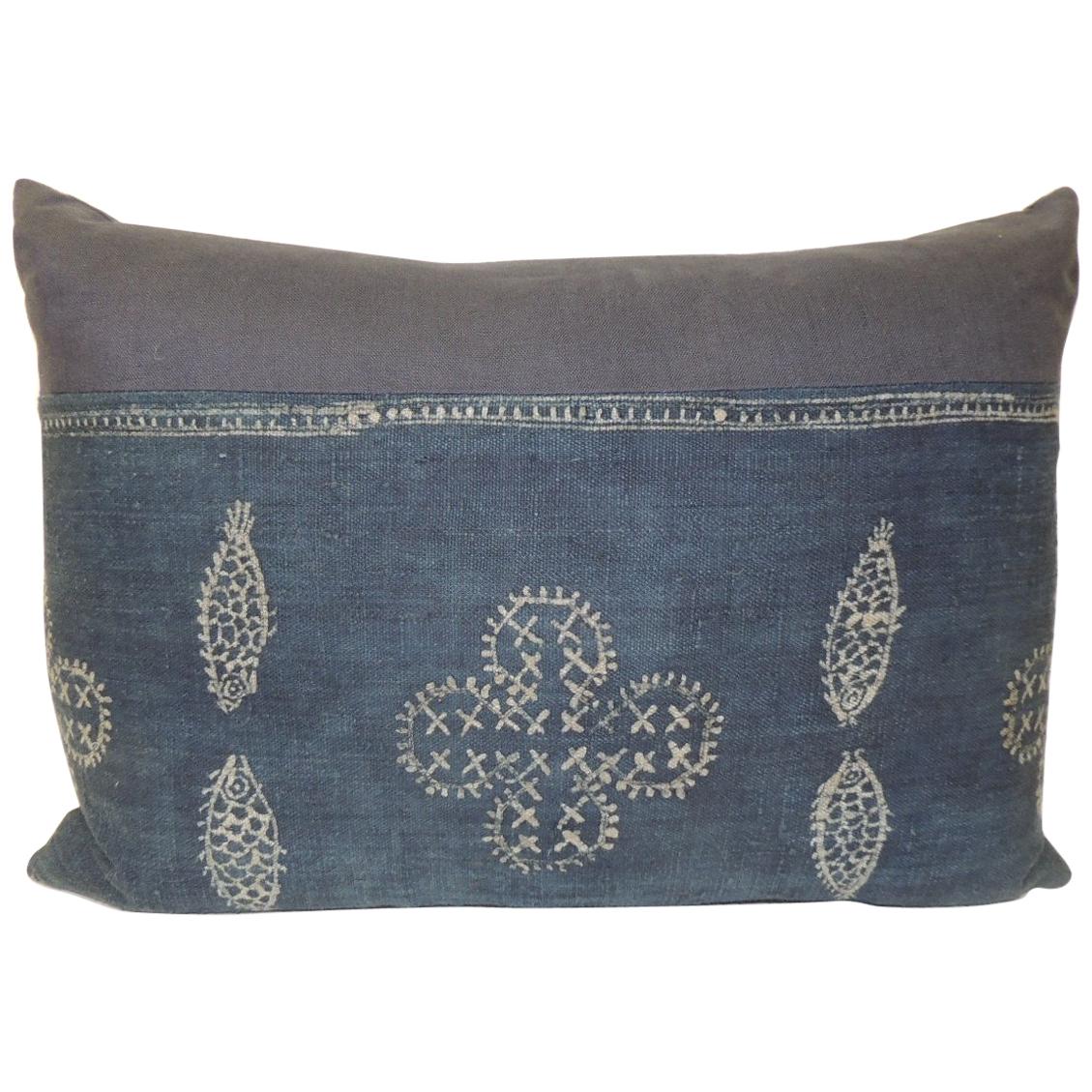 Vintage Asian Indigo and White Hand White Bolster Decorative Pillow