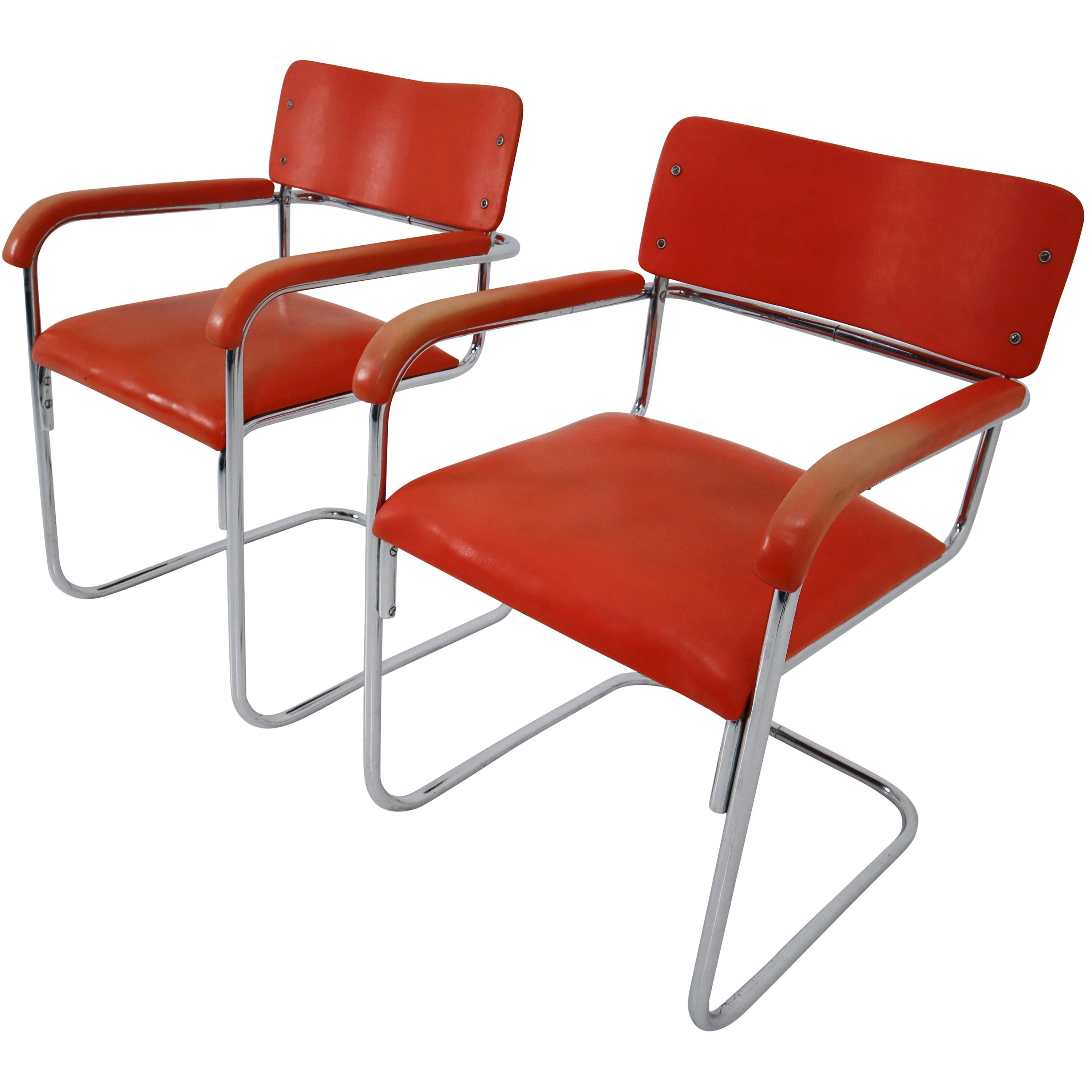 Orange Mid-Century Modern Bauhaus Chrome Armchairs by Thonet, circa 1930s