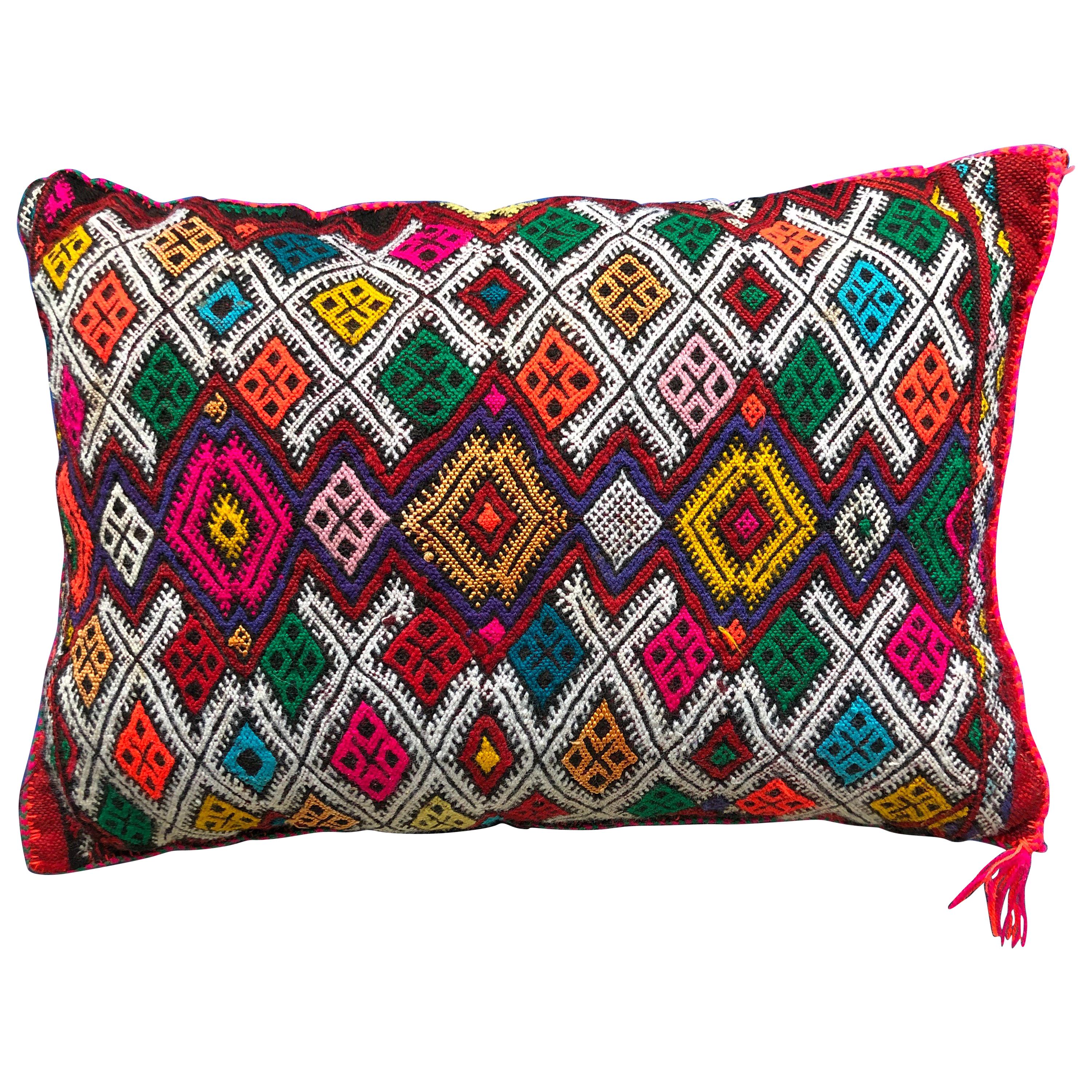 Bold Vintage Moroccan Kilim Throw Pillow Handwoven Natural Red Wool Berber Boho