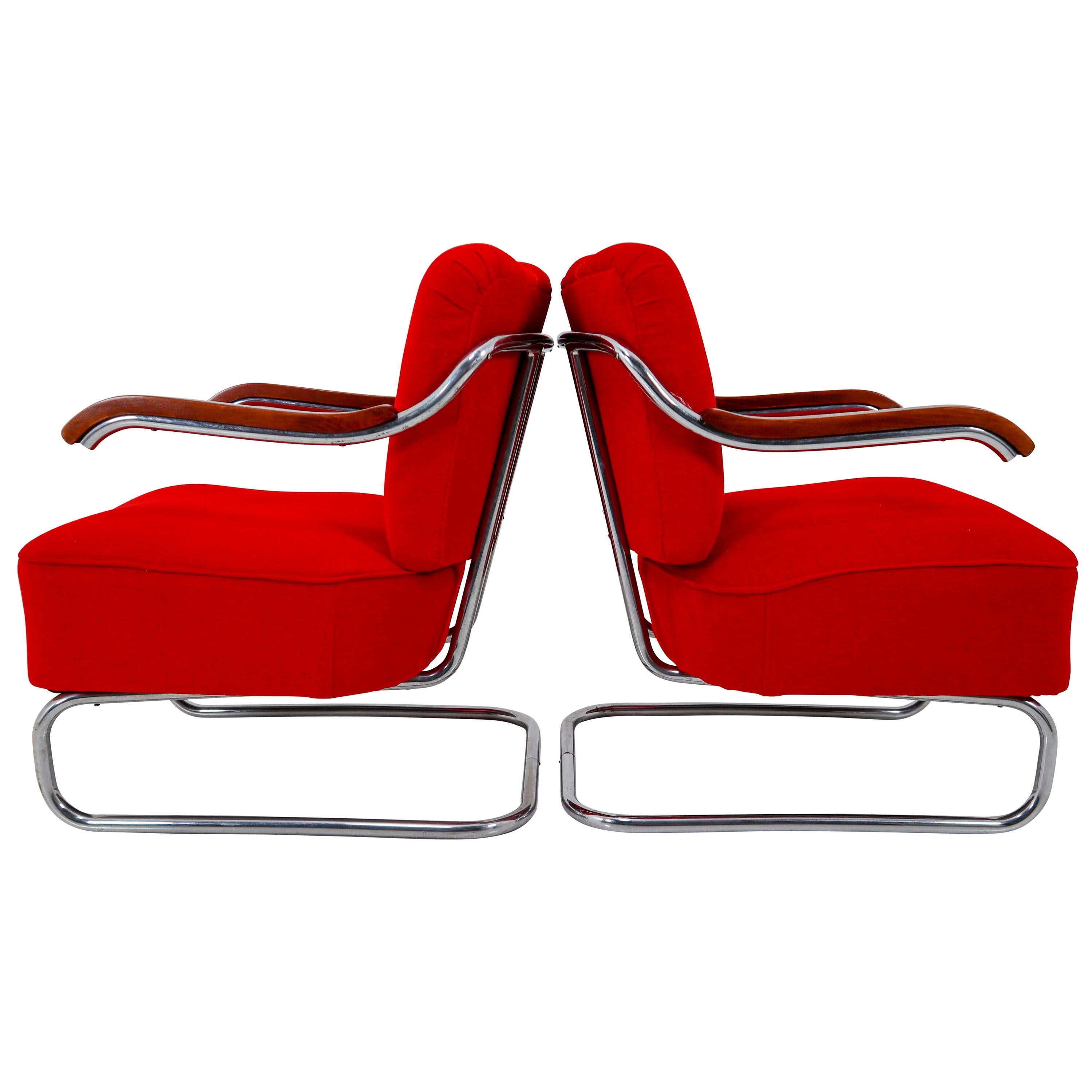 Armchairs by Thonet circa 1920s Midcentury Bauhaus Period in Red Fabric