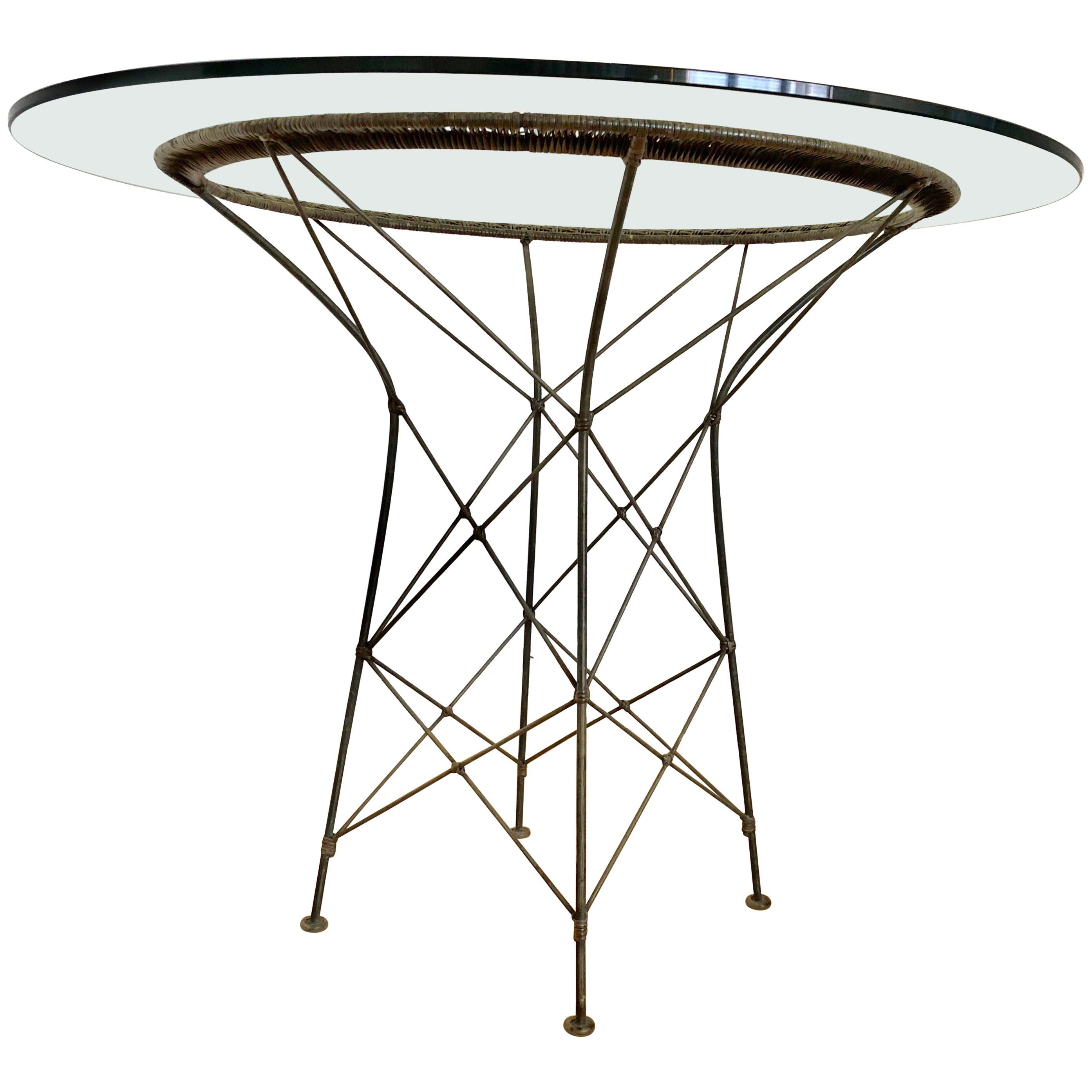 French Natural Wicker Round Dining Glass Table Wrought Iron ON SALE 