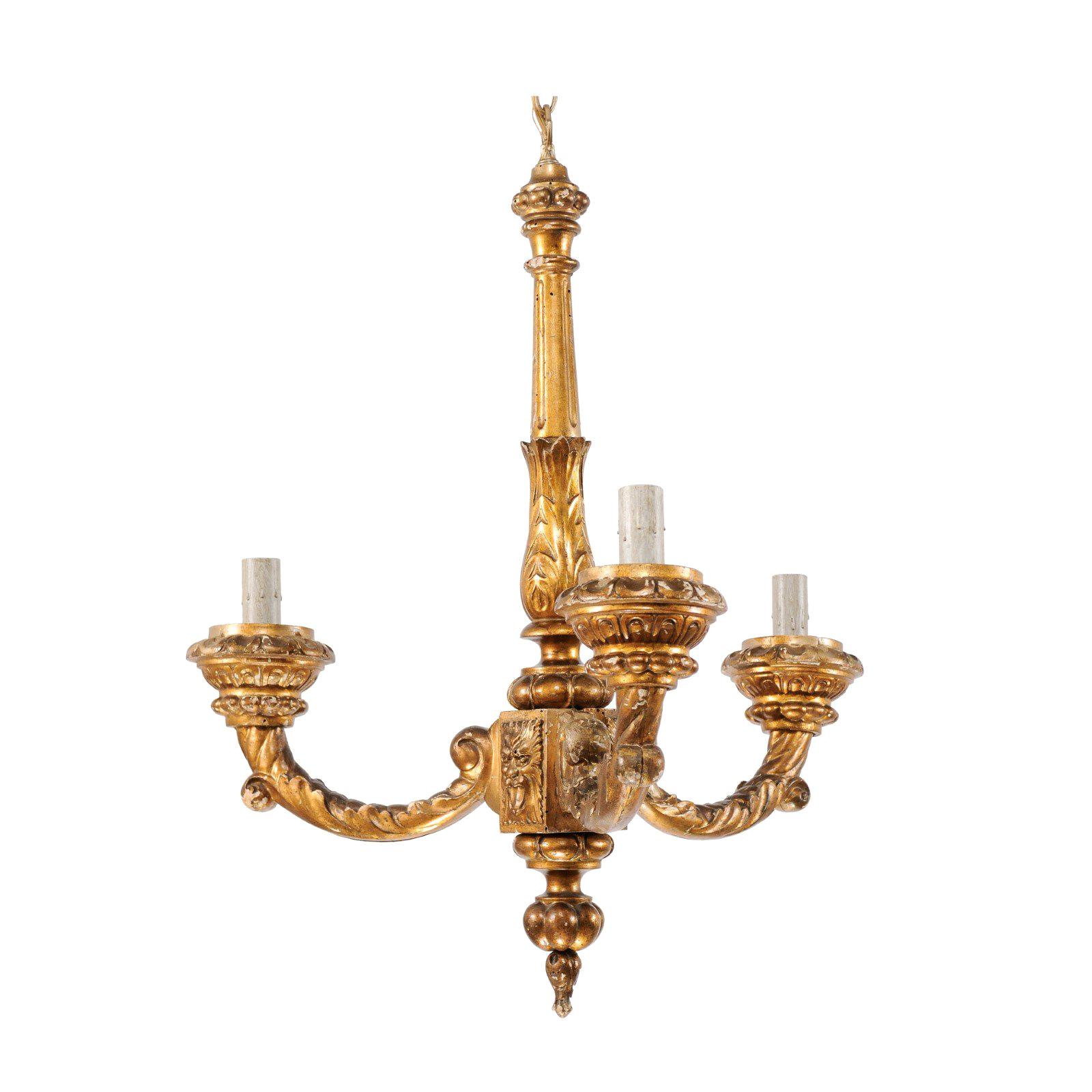 French Three-Light Carved Giltwood Column Chandelier from the Mid-20th Century