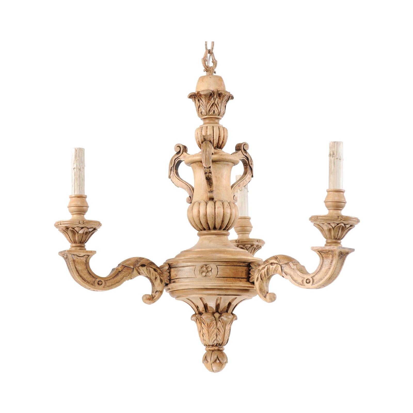 French 3-Light Carved Natural Wood Chandelier
