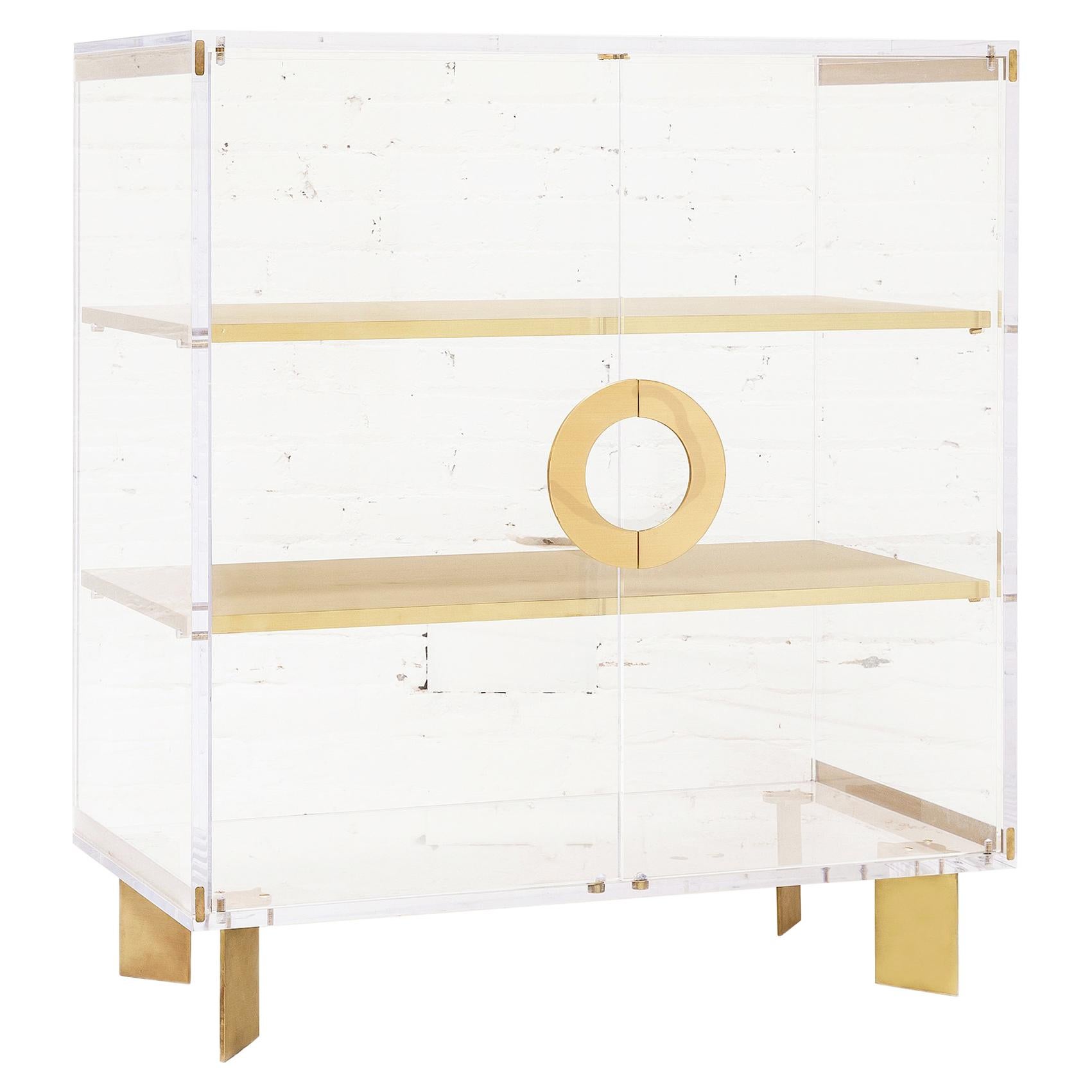 Custom Lucite cabinet with two brass shelves and brass feet and pull handles by Reeve Schley.