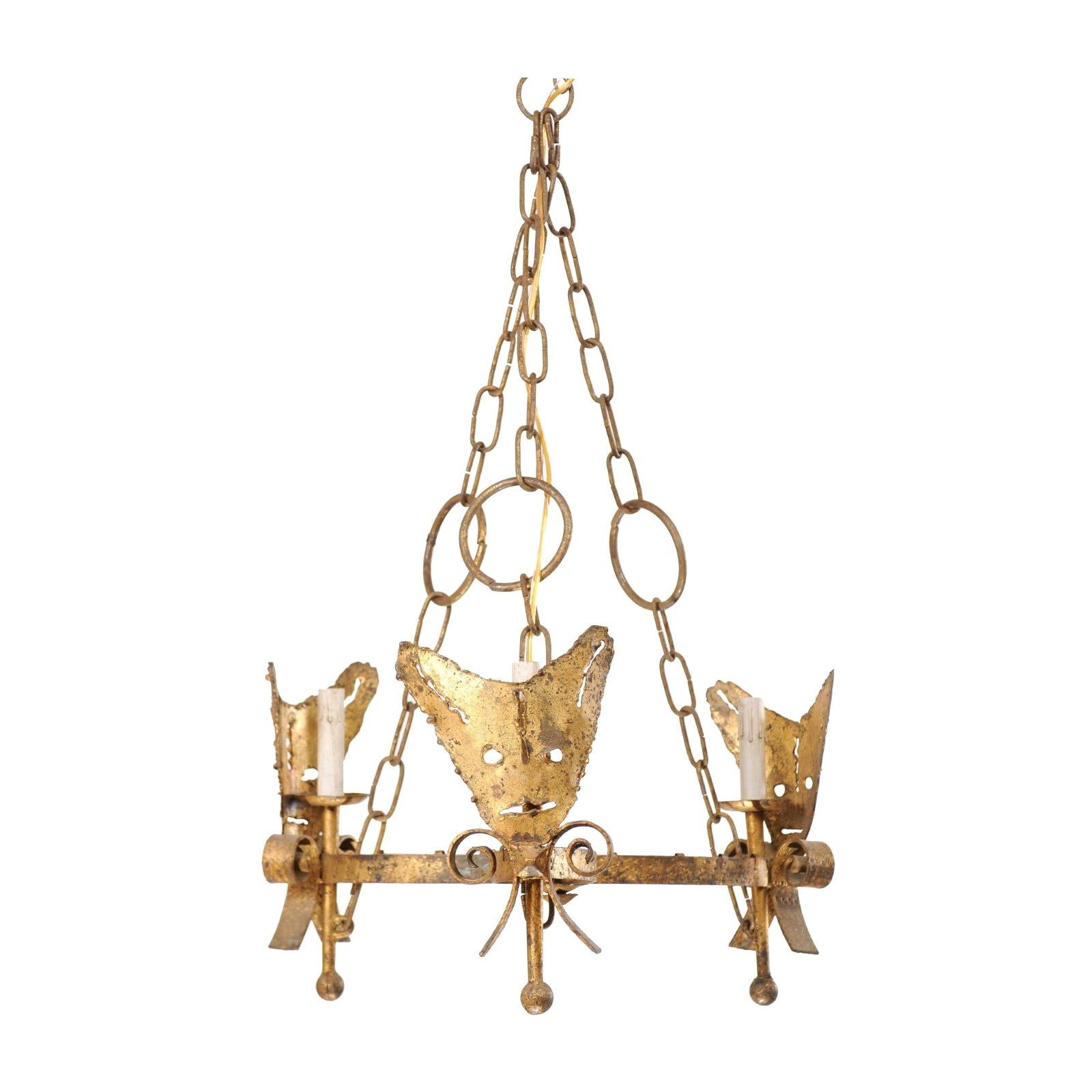 Mid-Century Modern Spanish Brutalist Iron Chandelier in Gold Finish