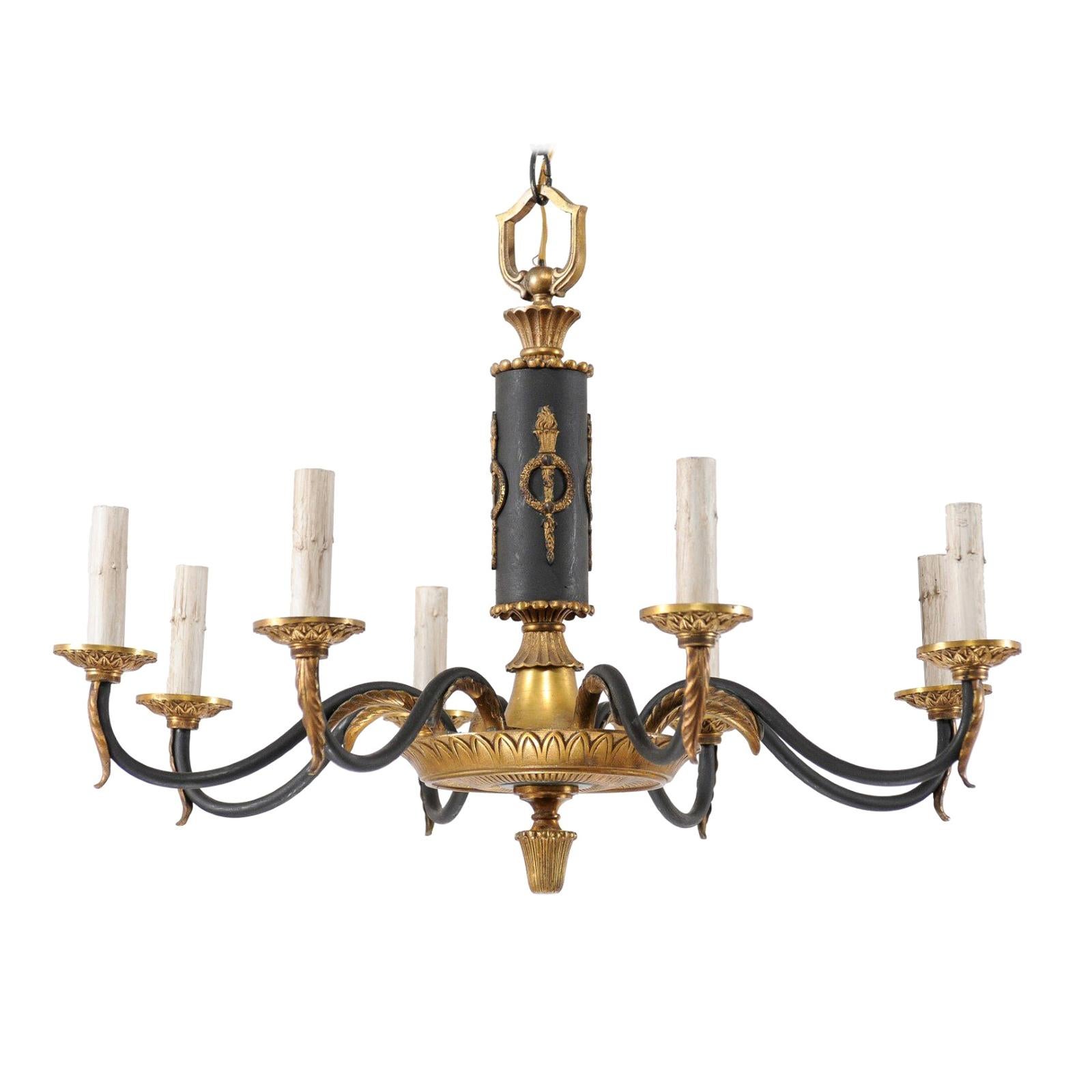 Swedish Vintage Black and Gold Neoclassical Style Chandelier