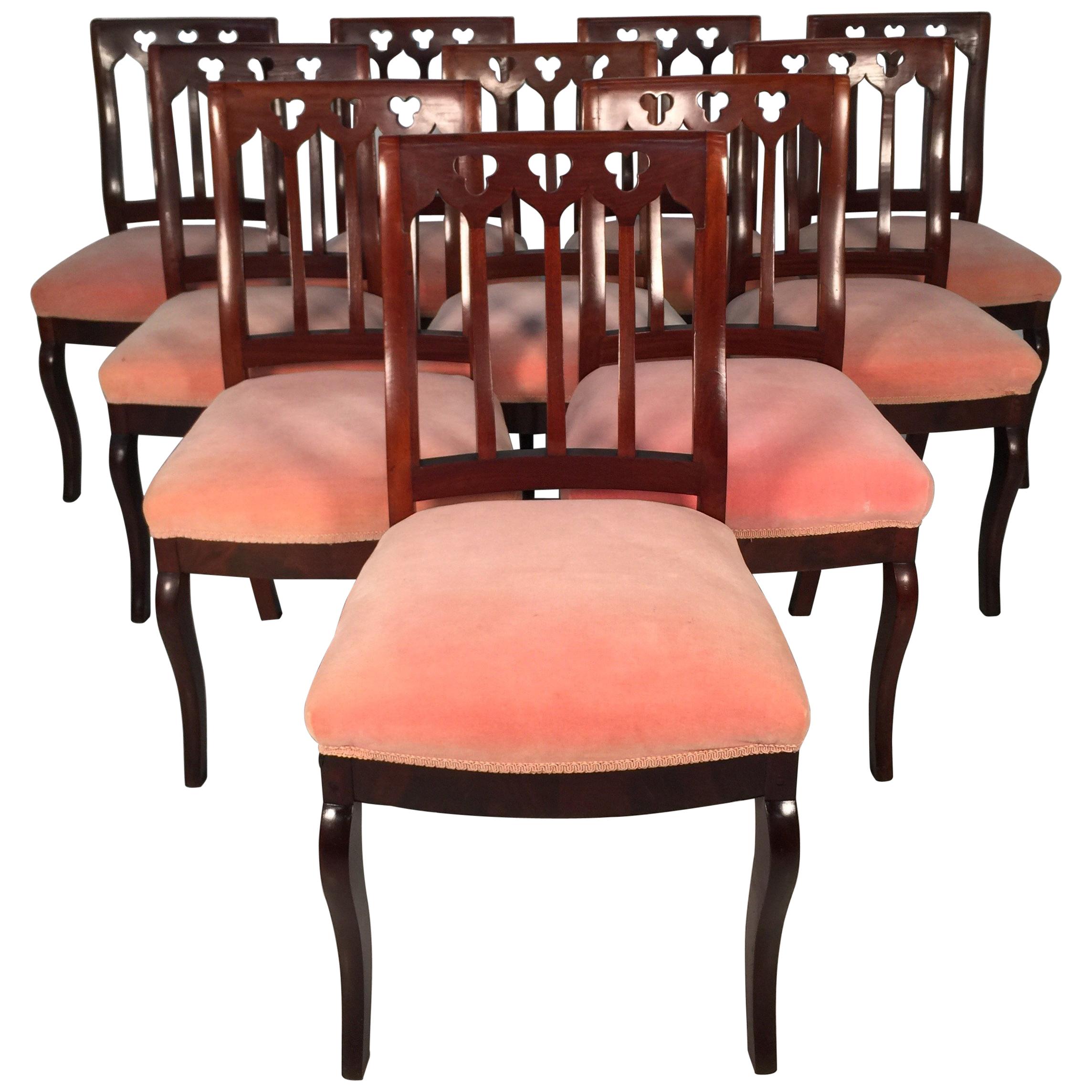 Set of 10, circa 1850s Gothic Revival Upholstered Dining Chairs, by John Jelliff