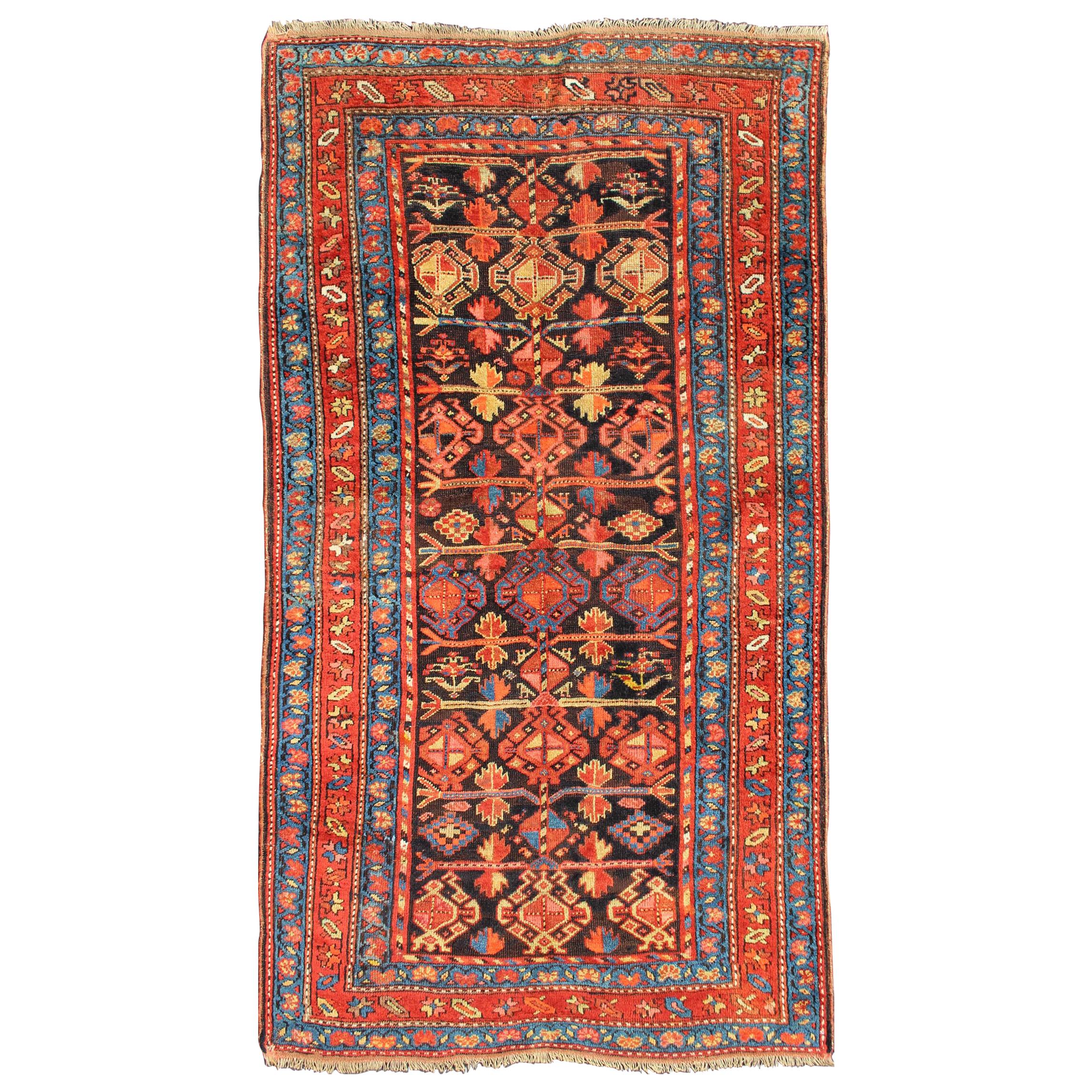 All-Over Tribal Design Antique Persian Kurdish Rug in Blue & Red For Sale
