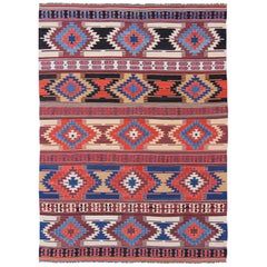 Large Tribal Geometric Vintage Turkish Kilim Rug with Vibrant Color Palette