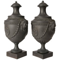 Pair of Antique Black Basalt Covered Urns 18th Century