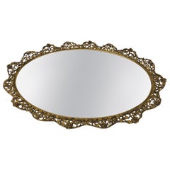 Large Gold Vintage French Filigree Oval Brass Vanity Tray with Mirror