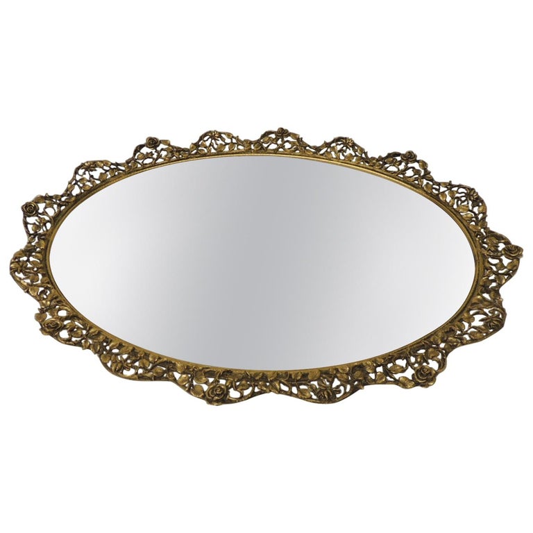 Large Gold Vintage French Filigree Oval, Mirror Vanity Tray Gold