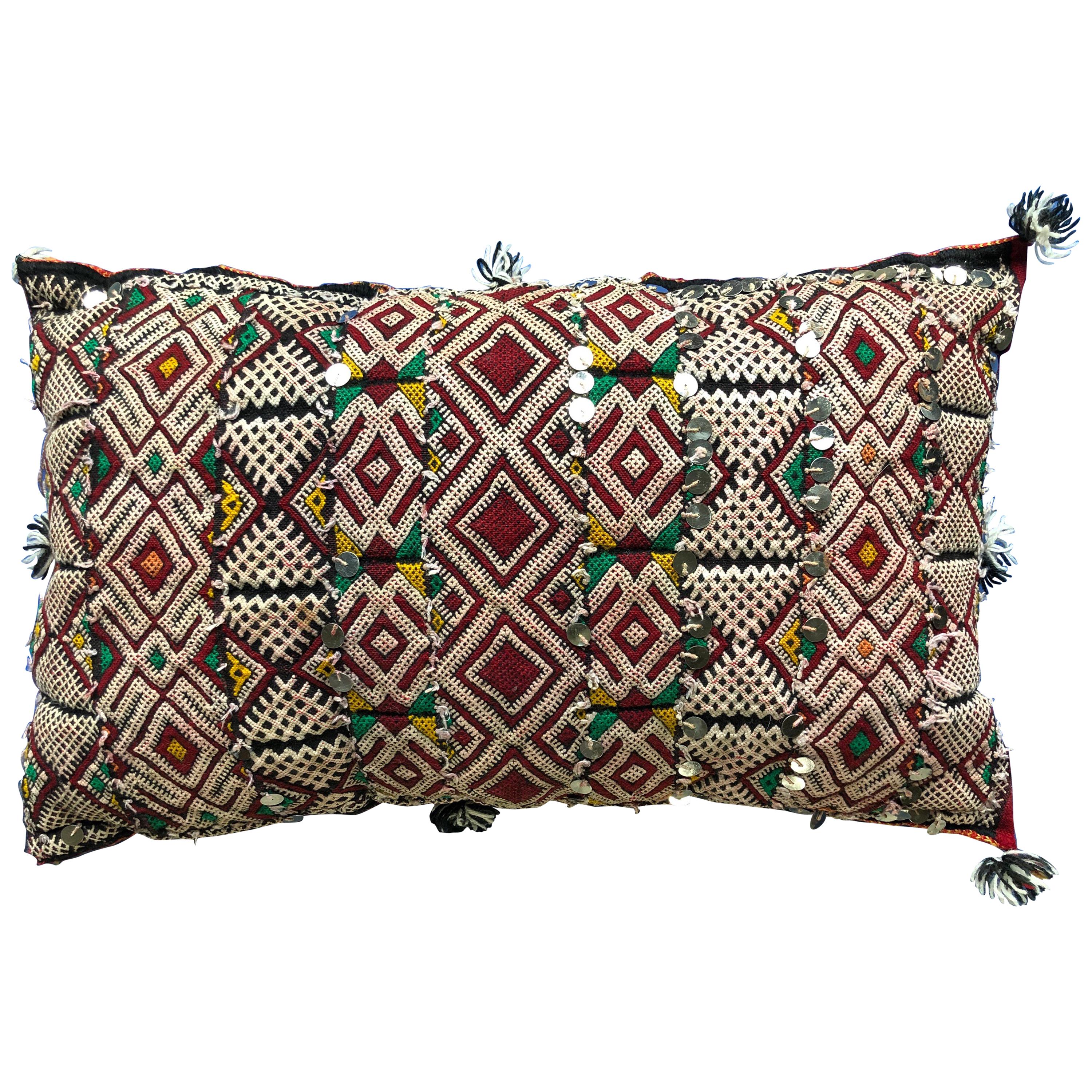 Vintage Moroccan Kilim Sequined Throw Pillow Handwoven Wool Berber Tribal Boho For Sale