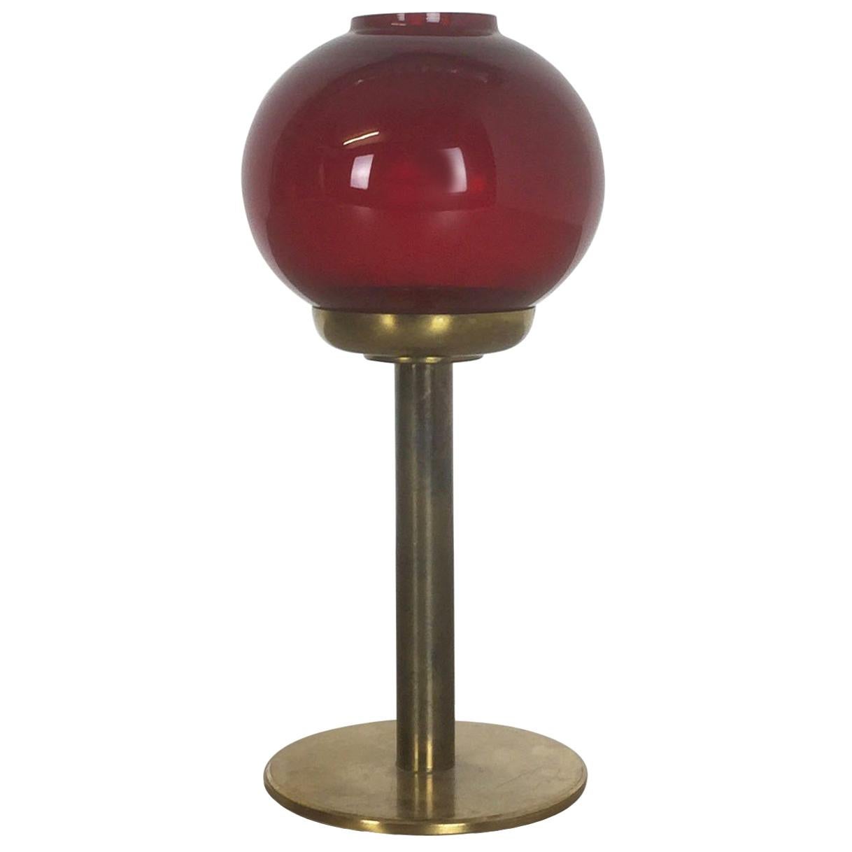 Vintage Red Glass and Brass Candleholder by Hans-Agne Jakobsson, Sweden, 1950s