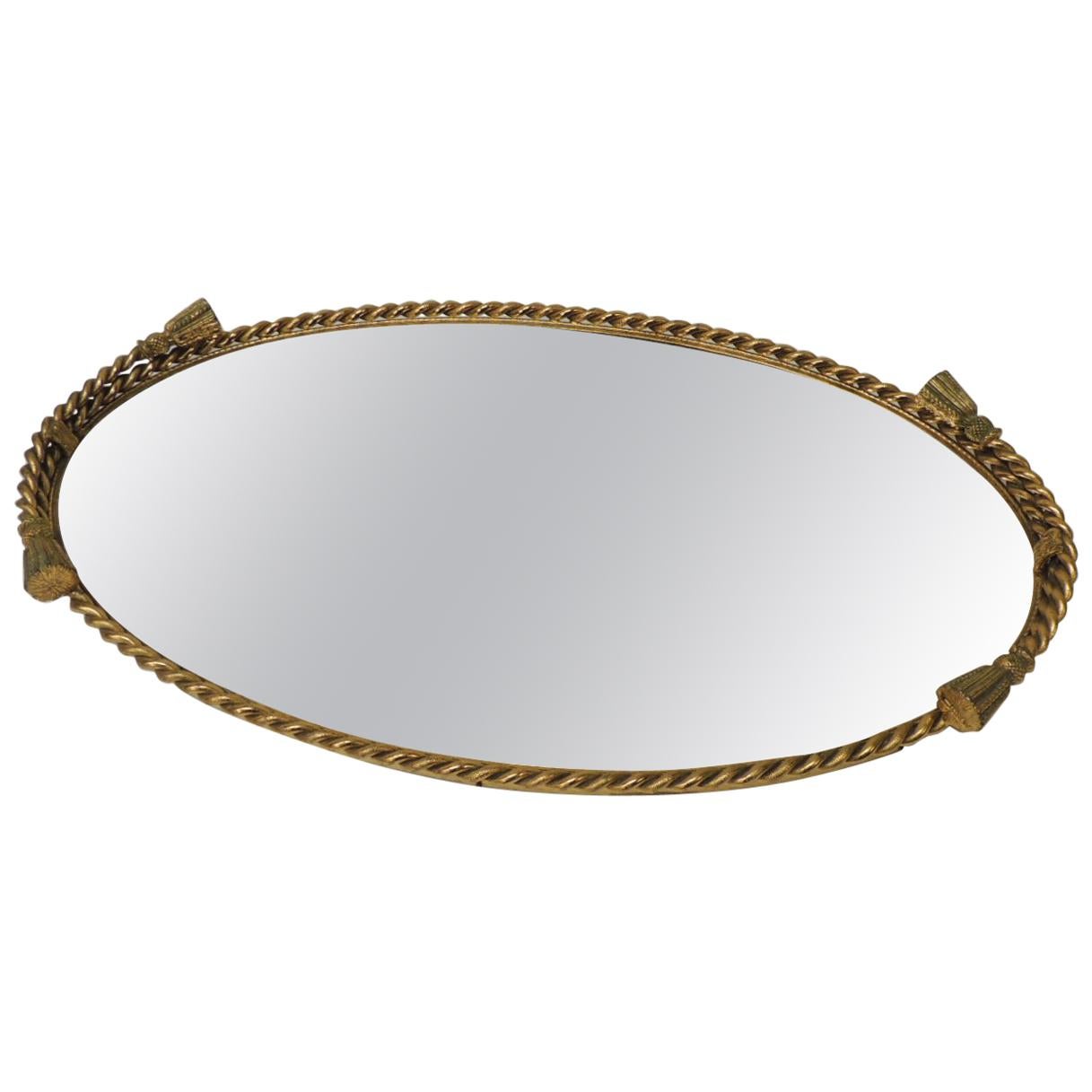 Vintage French Rope and Tassels Large Oval Brass Vanity Tray with Mirror