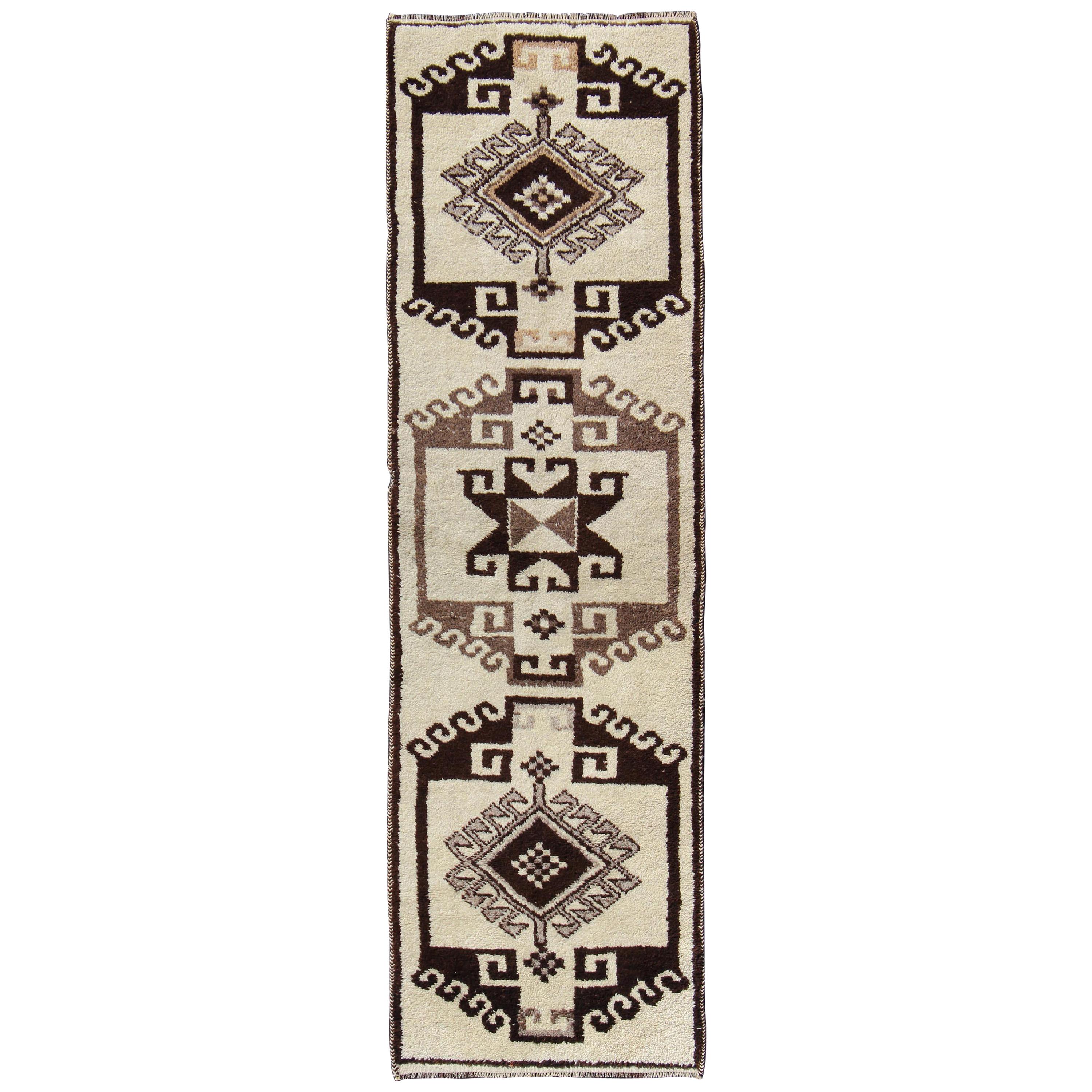 Bold Vintage Turkish Tulu Gallery Rug with Tribal Design in Dark Brown and Cream For Sale