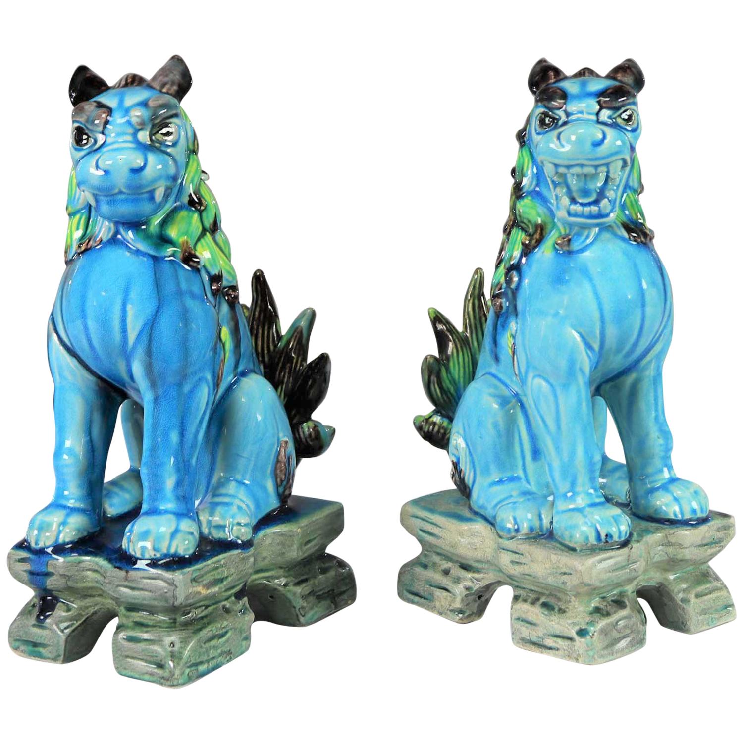 Vintage Midcentury Pr Japanese Komainu Lion Dogs Ceramic Turquoise Green Glaze