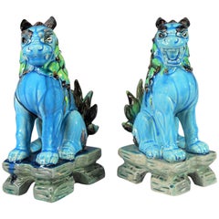 Vieux lion japonais Komainu en céramique à glaçure verte turquoise du milieu du siècle dernier